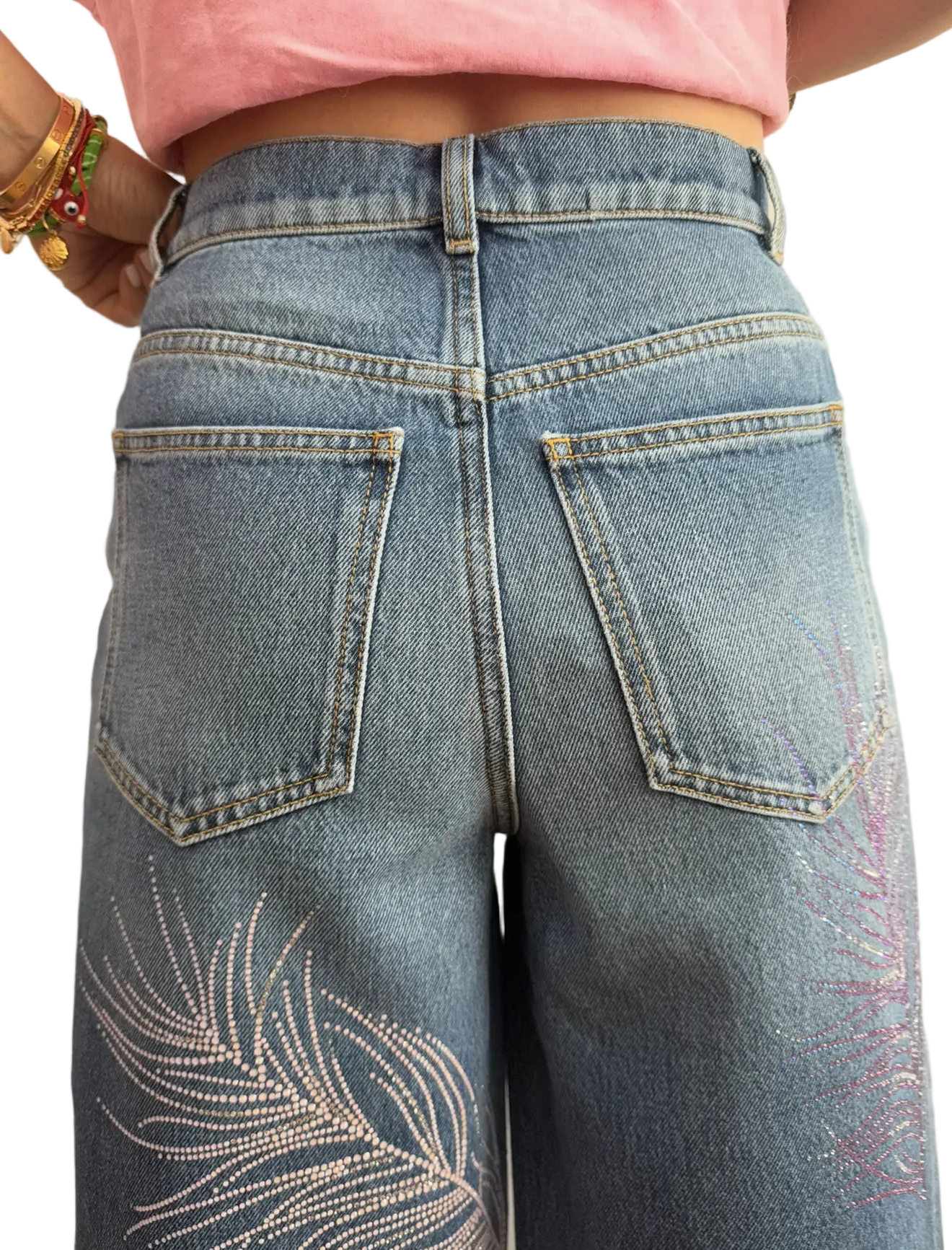 Chanel Blue Wide Leg Jeans Crystal Feather