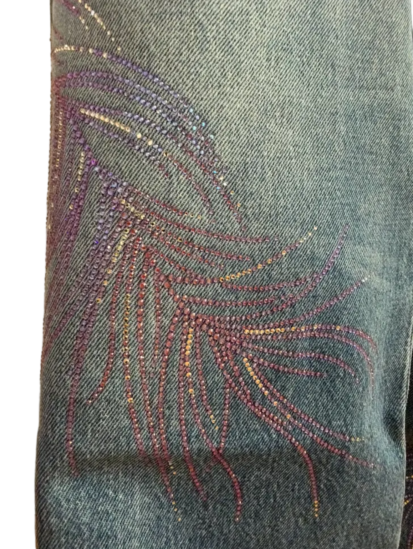 Chanel Blue Wide Leg Jeans Crystal Feather