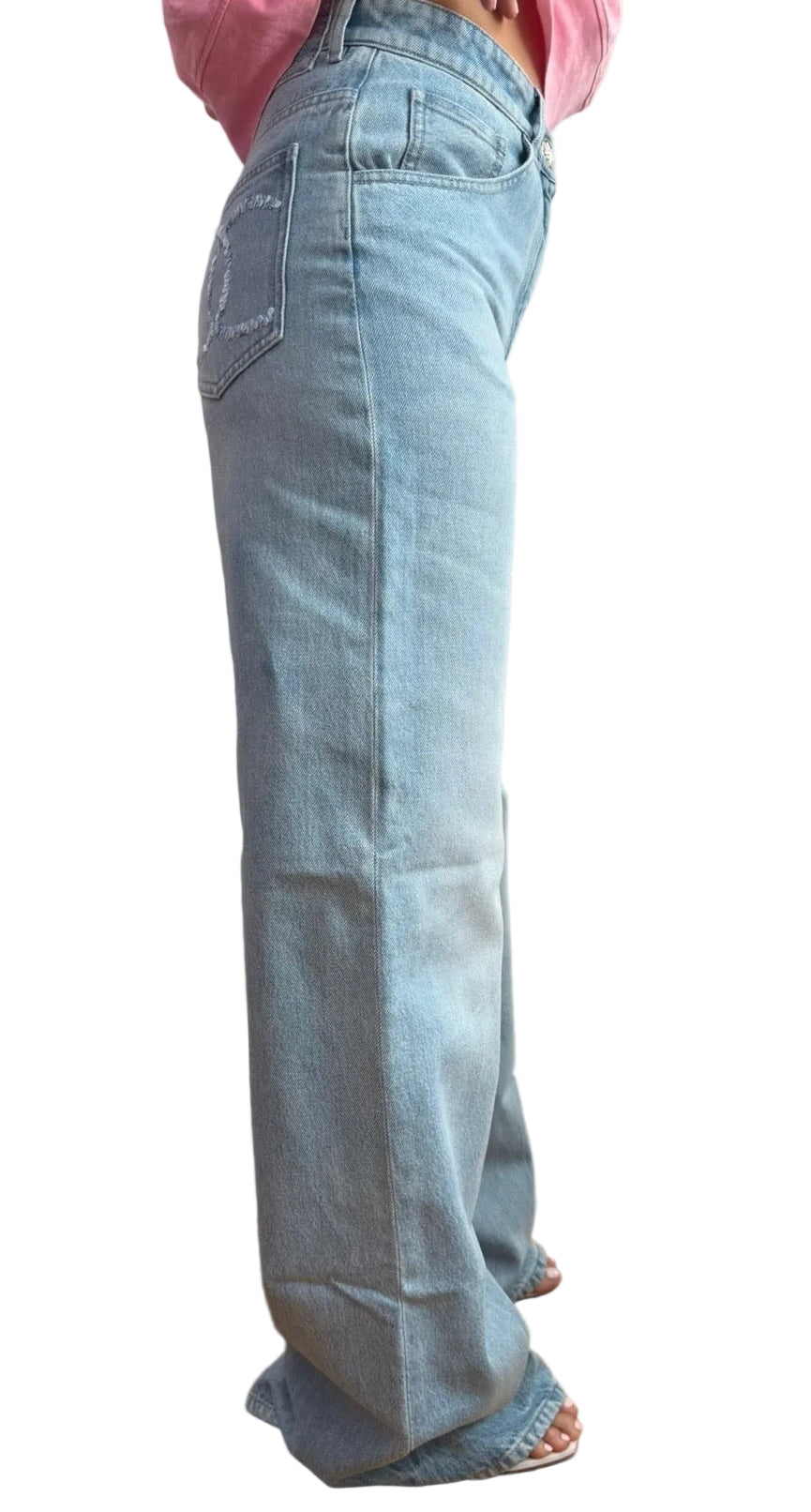 CHANEL Light Blue Wide Leg Jeans Light Blue CC Sequins
