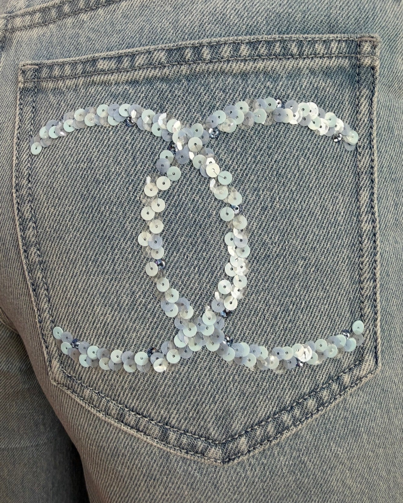 CHANEL Light Blue Wide Leg Jeans Light Blue CC Sequins
