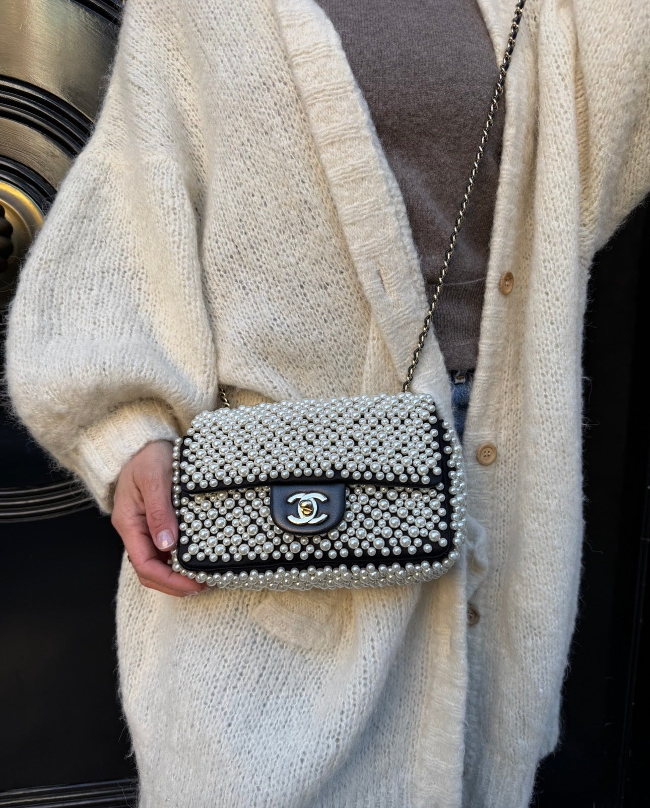 Chanel 2019SS Black with White Pearls Mini Classic Flapbag
