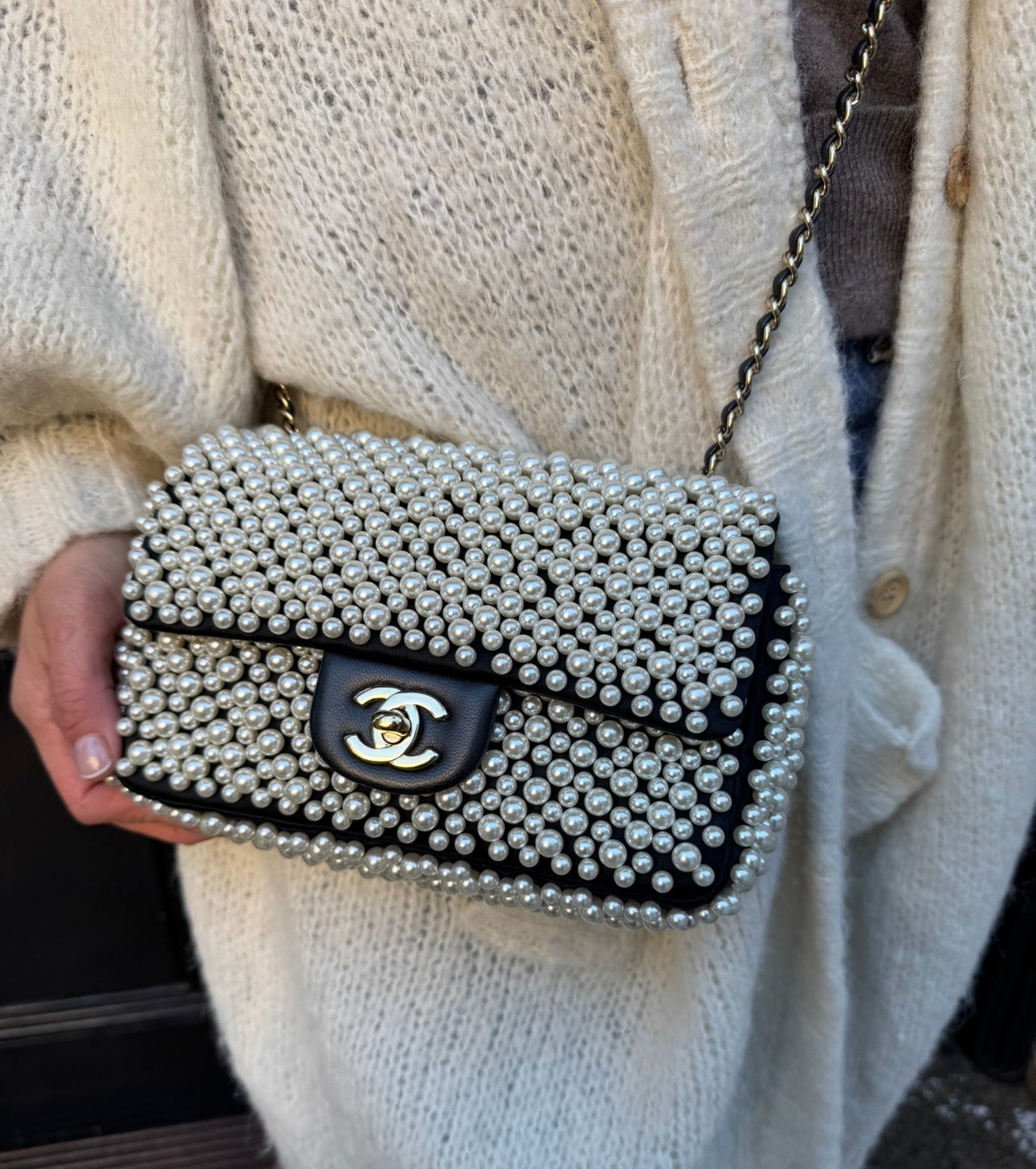 Chanel 2019SS Black with White Pearls Mini Classic Flapbag