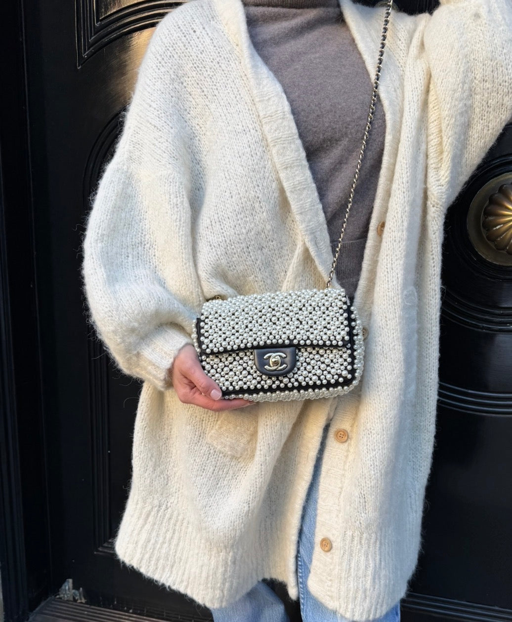 Chanel 2019 SS Black with White Pearls Mini Classic Flapbag