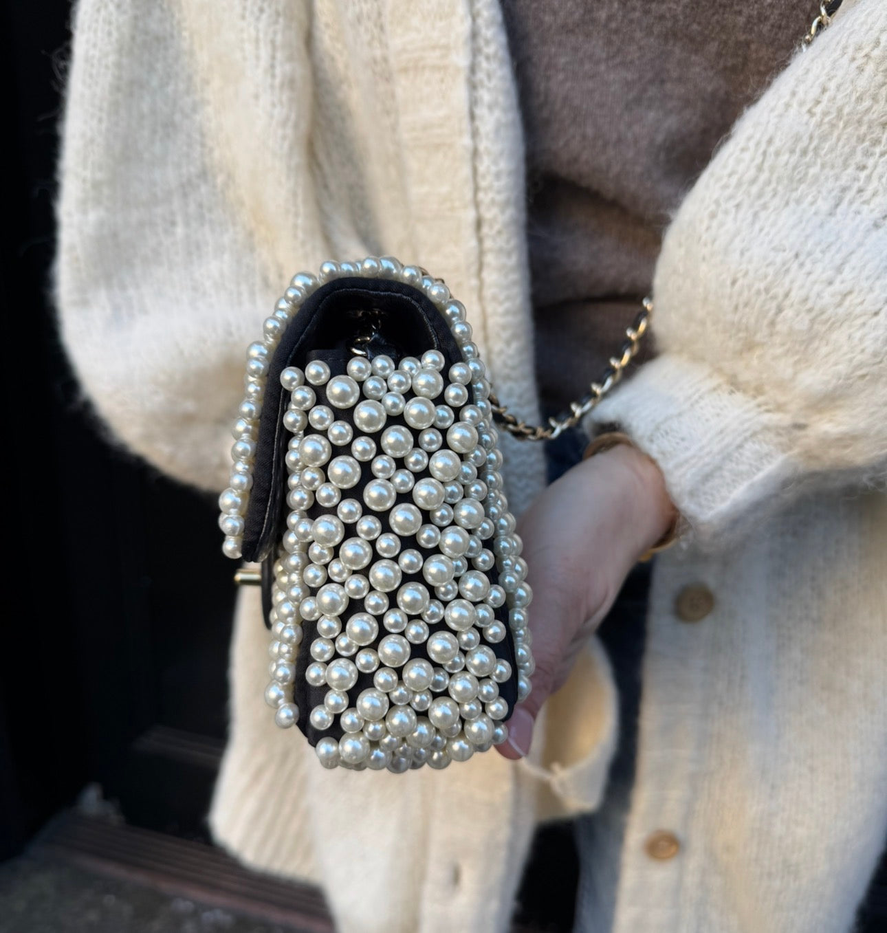 Chanel 2019SS Black with White Pearls Mini Classic Flapbag