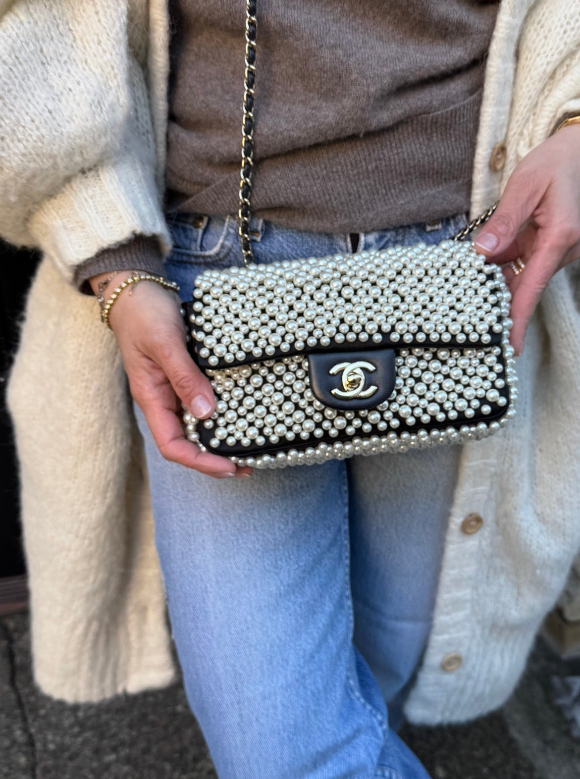 Chanel 2019SS Black with White Pearls Mini Classic Flapbag