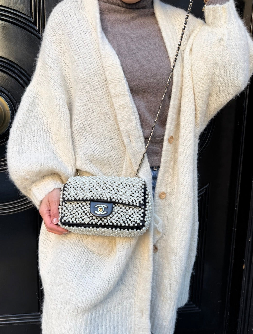 Chanel 2019 SS Black with White Pearls Mini Classic Flapbag