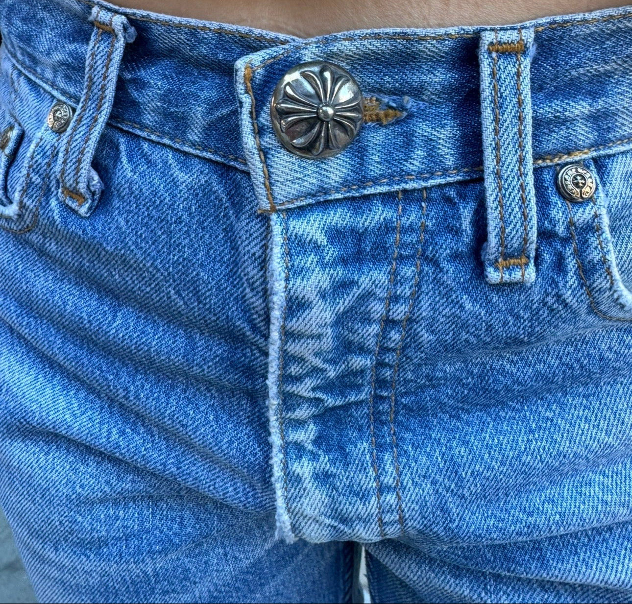 Chrome Hearts x Levi's Light Blue Jeans Gray White Camo Print Cross Leather Patch