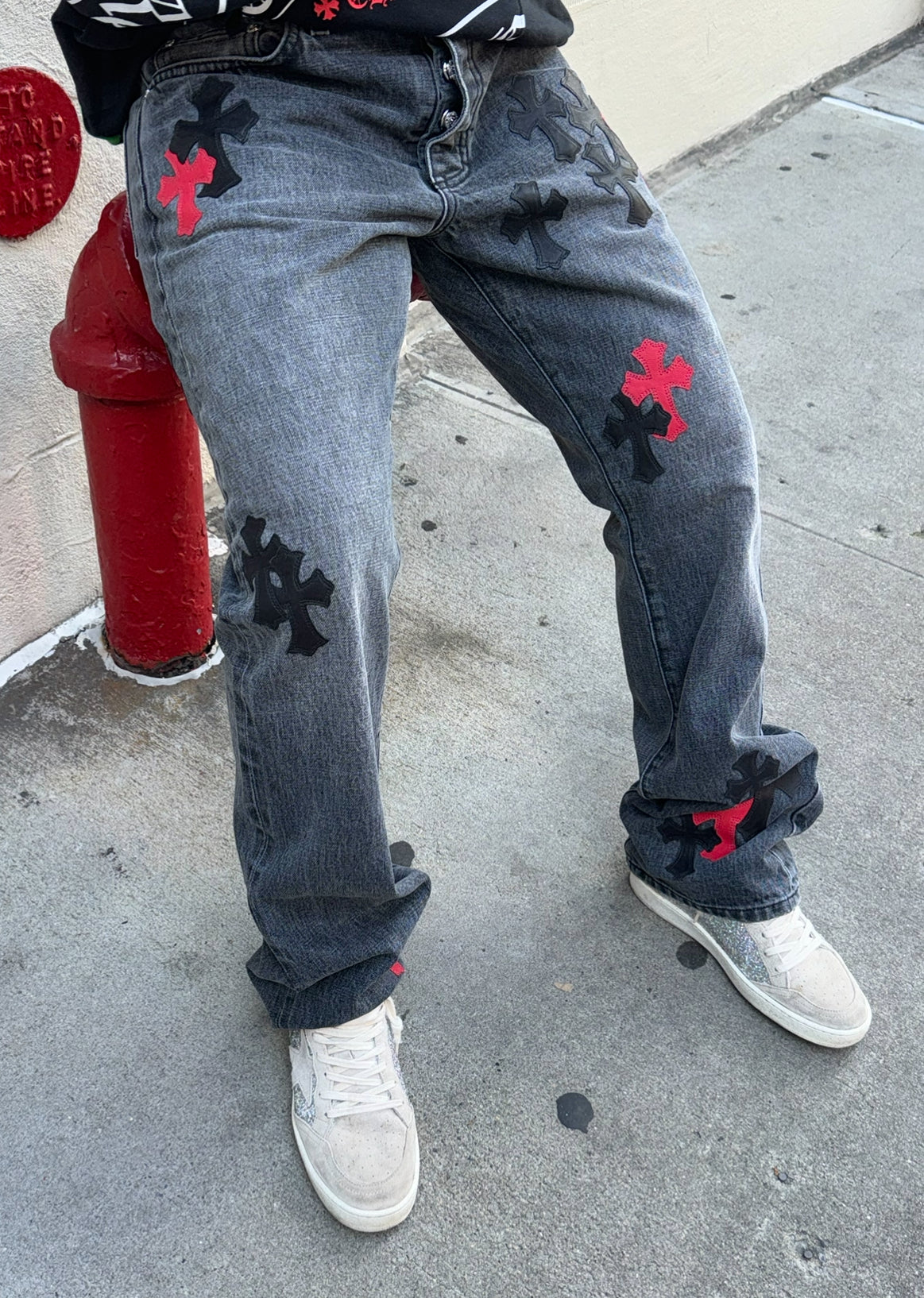 Chrome Hearts Black Jeans Red and Black Cross Leather Patches