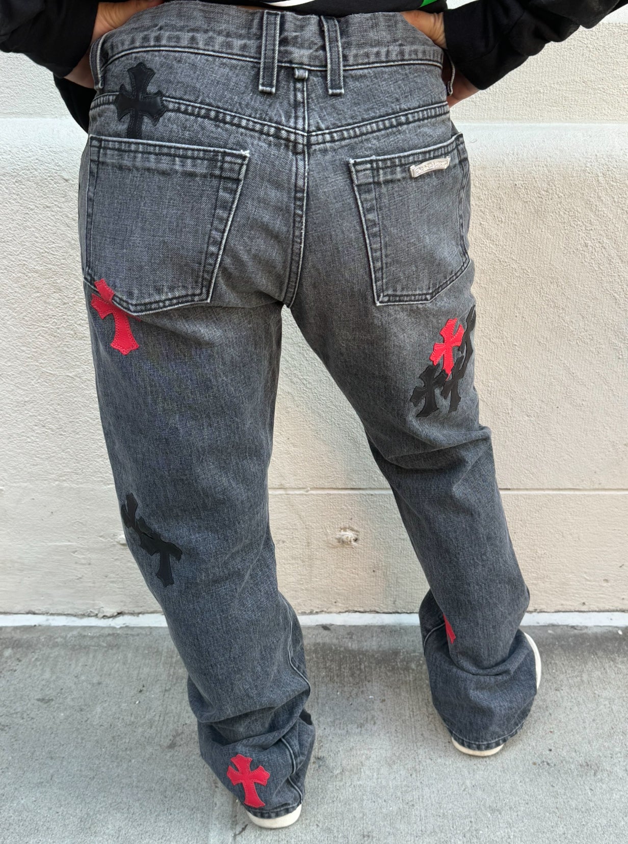 Chrome Hearts Black Jeans Red and Black Cross Leather Patches