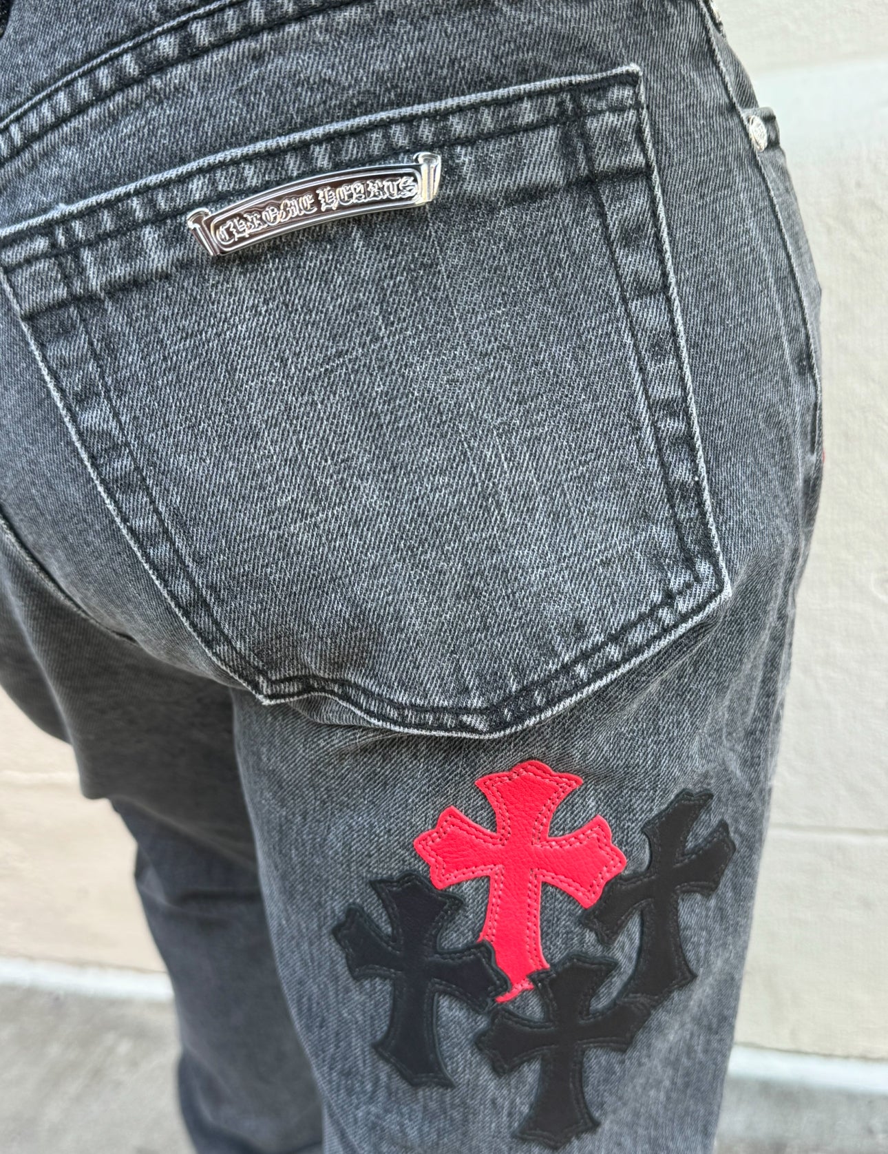 Chrome Hearts Black Jeans Red and Black Cross Leather Patches