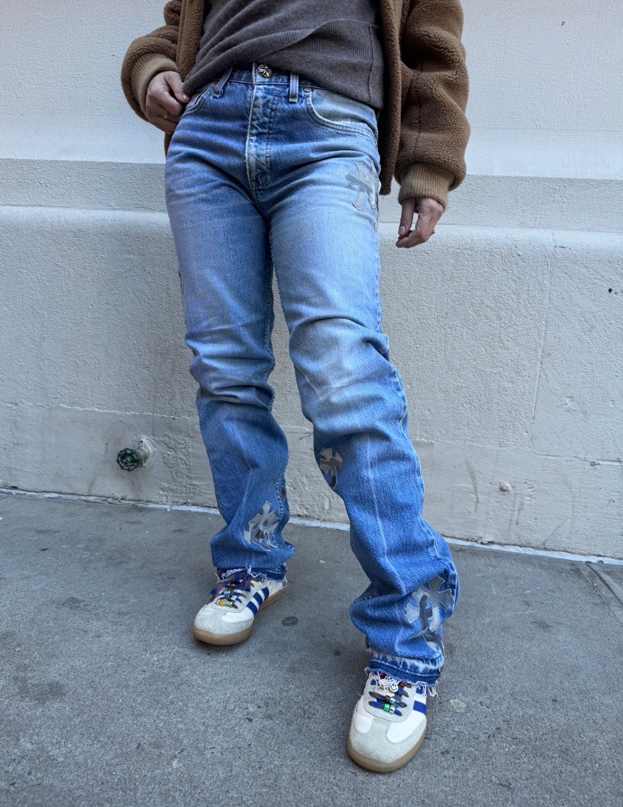 Chrome Hearts x Levi's Light Blue Jeans Gray White Camo Print Cross Leather Patch