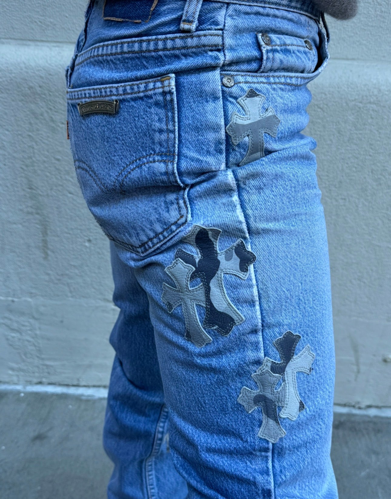 Chrome Hearts x Levi's Light Blue Jeans Gray White Camo Print Cross Leather Patch