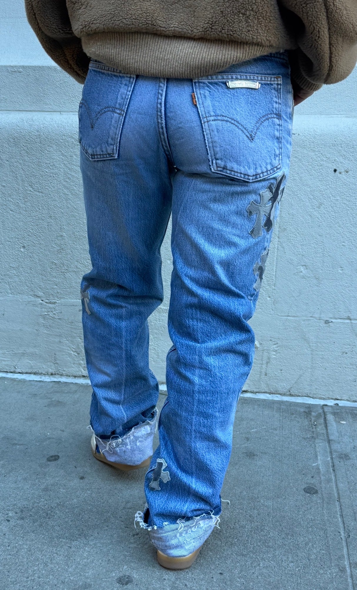 Chrome Hearts x Levi's Light Blue Jeans Gray White Camo Print Cross Leather Patch