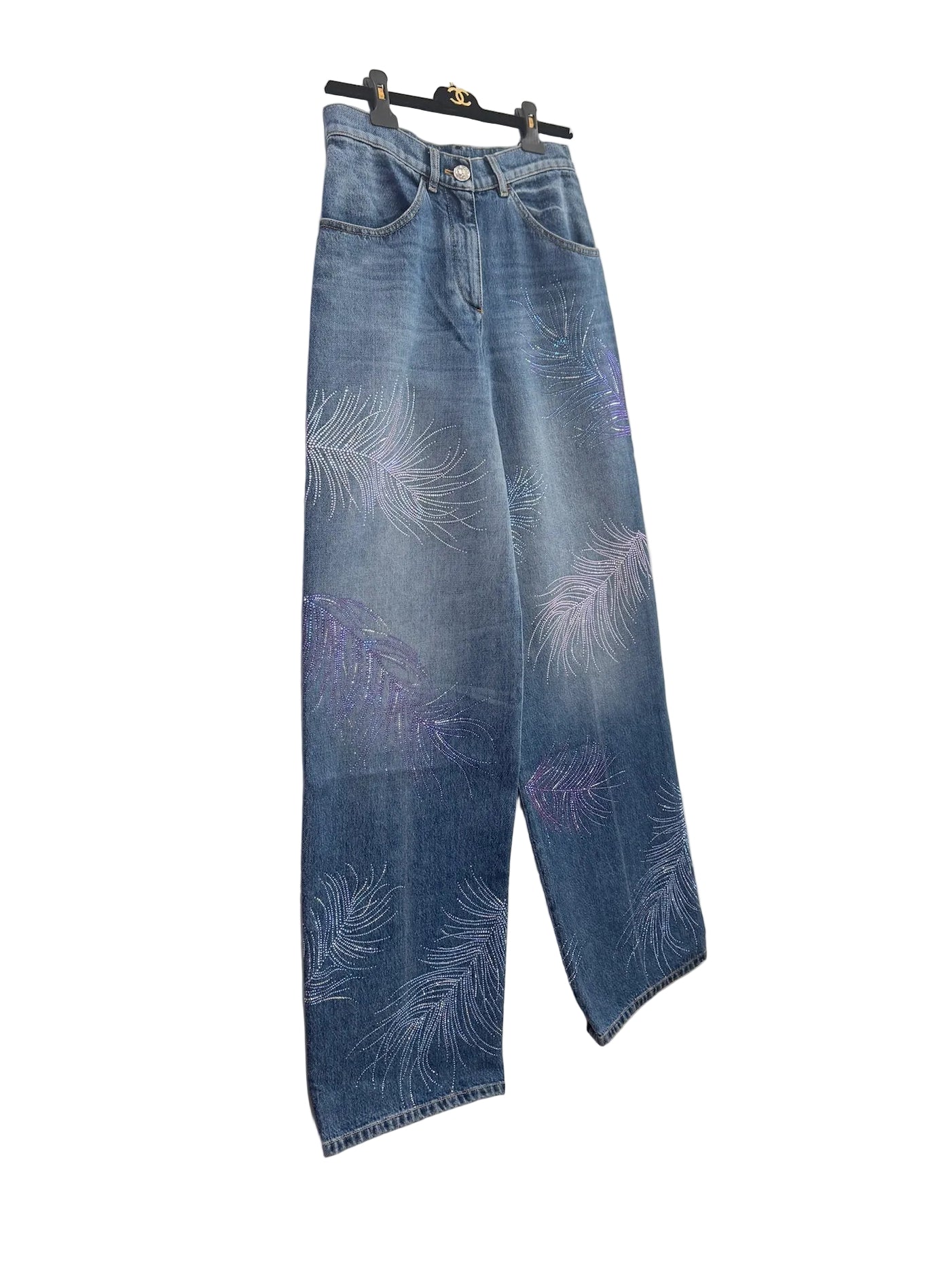 Chanel Blue Wide Leg Jeans Crystal Feather