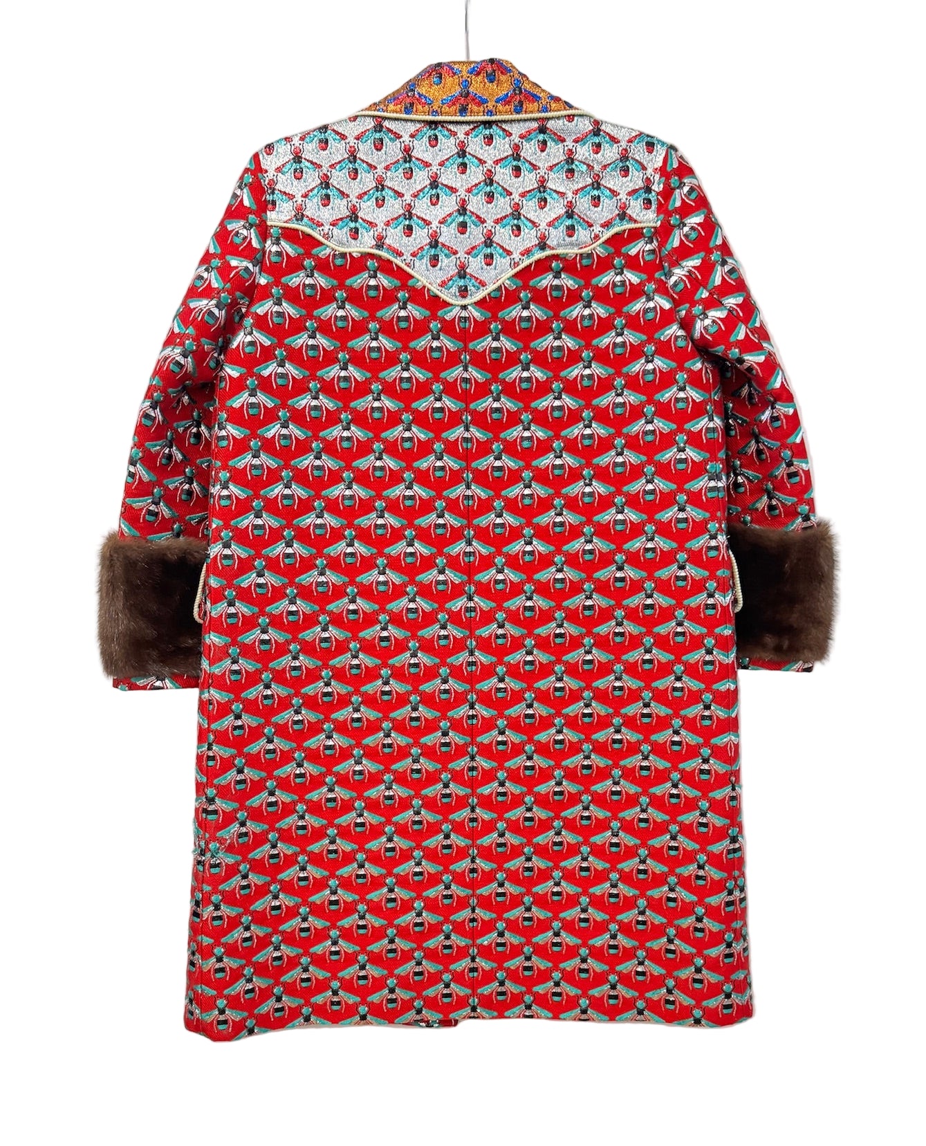 GUCCI Metallic Multicolor Coat with Bees and Mink on Cuffs