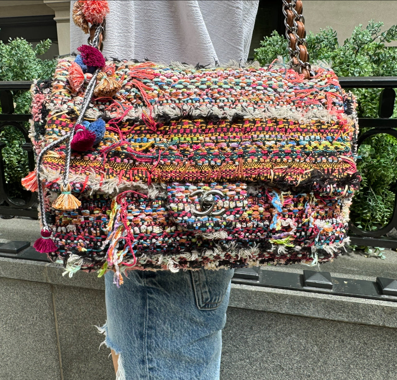 Chanel Multicolor Colorful Quilted Tweed Paris-Dubai Pom-Pom Embellished Large Flapbag with Ruthenium Hardware