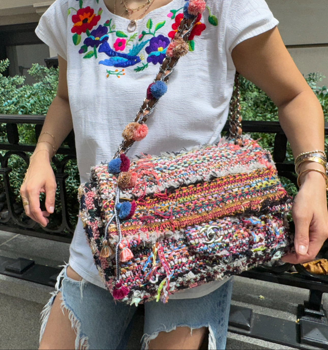 Chanel Multicolor Colorful Quilted Tweed Paris-Dubai Pom-Pom Embellished Large Flapbag with Ruthenium Hardware