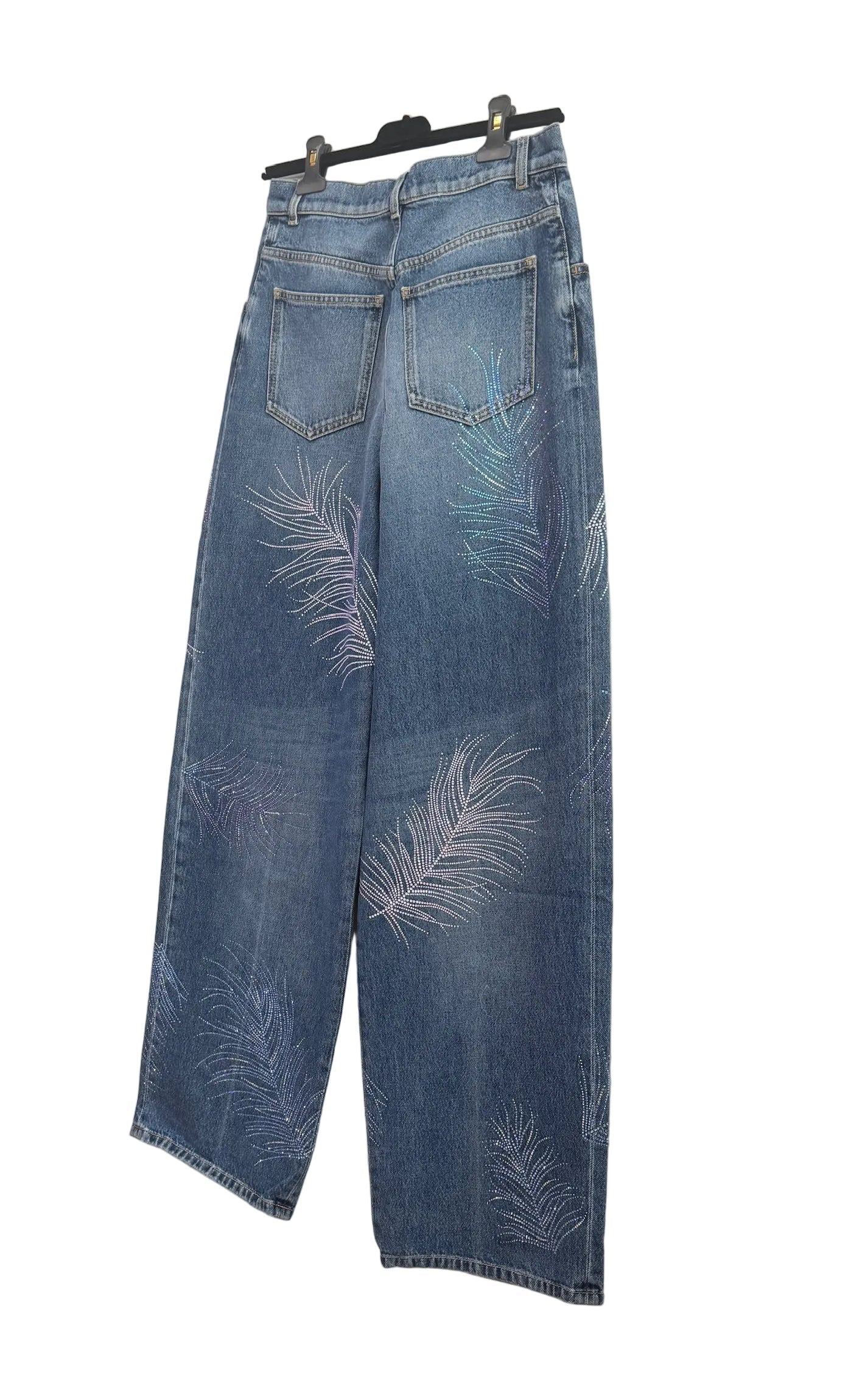 Chanel Blue Wide Leg Jeans Crystal Feather