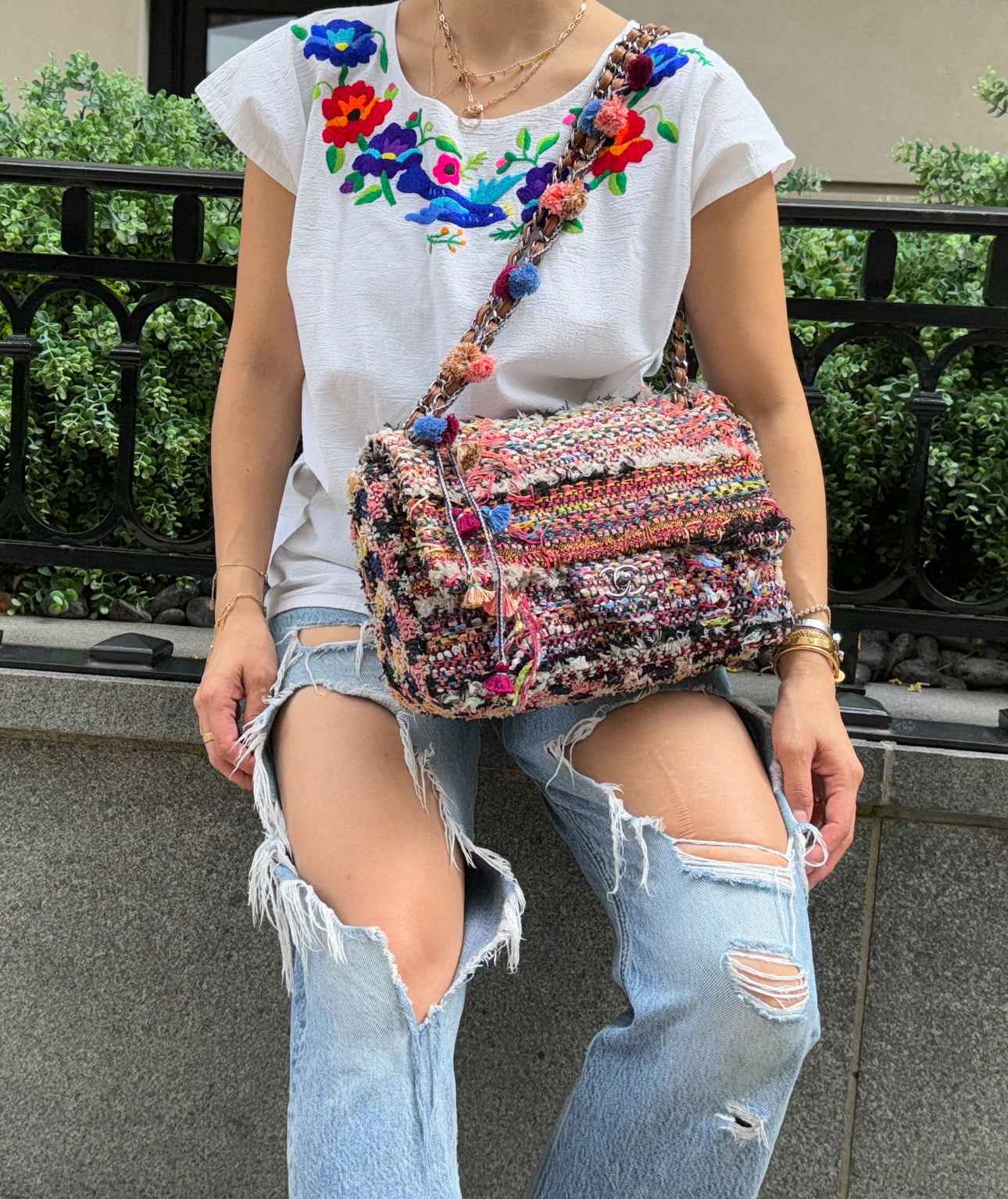 Chanel Multicolor Colorful Quilted Tweed Paris-Dubai Pom-Pom Embellished Large Flapbag with Ruthenium Hardware