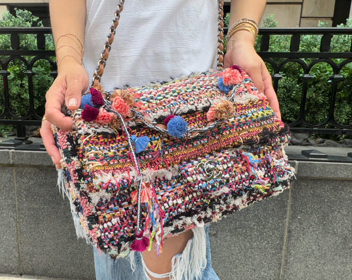 Chanel Multicolor Colorful Quilted Tweed Paris-Dubai Pom-Pom Embellished Large Flapbag with Ruthenium Hardware