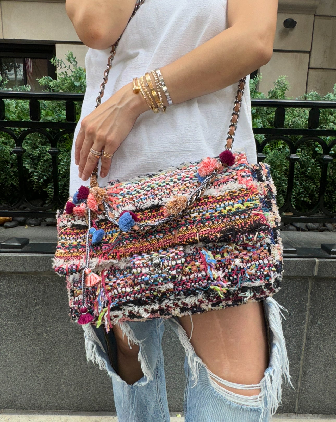 Chanel Multicolor Colorful Quilted Tweed Paris-Dubai Pom-Pom Embellished Large Flapbag with Ruthenium Hardware