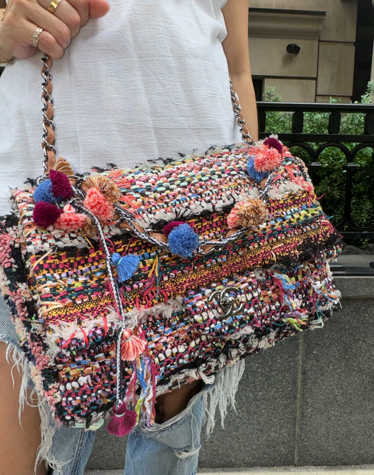 Chanel Multicolor Colorful Quilted Tweed Paris-Dubai Pom-Pom Embellished Large Flapbag with Ruthenium Hardware
