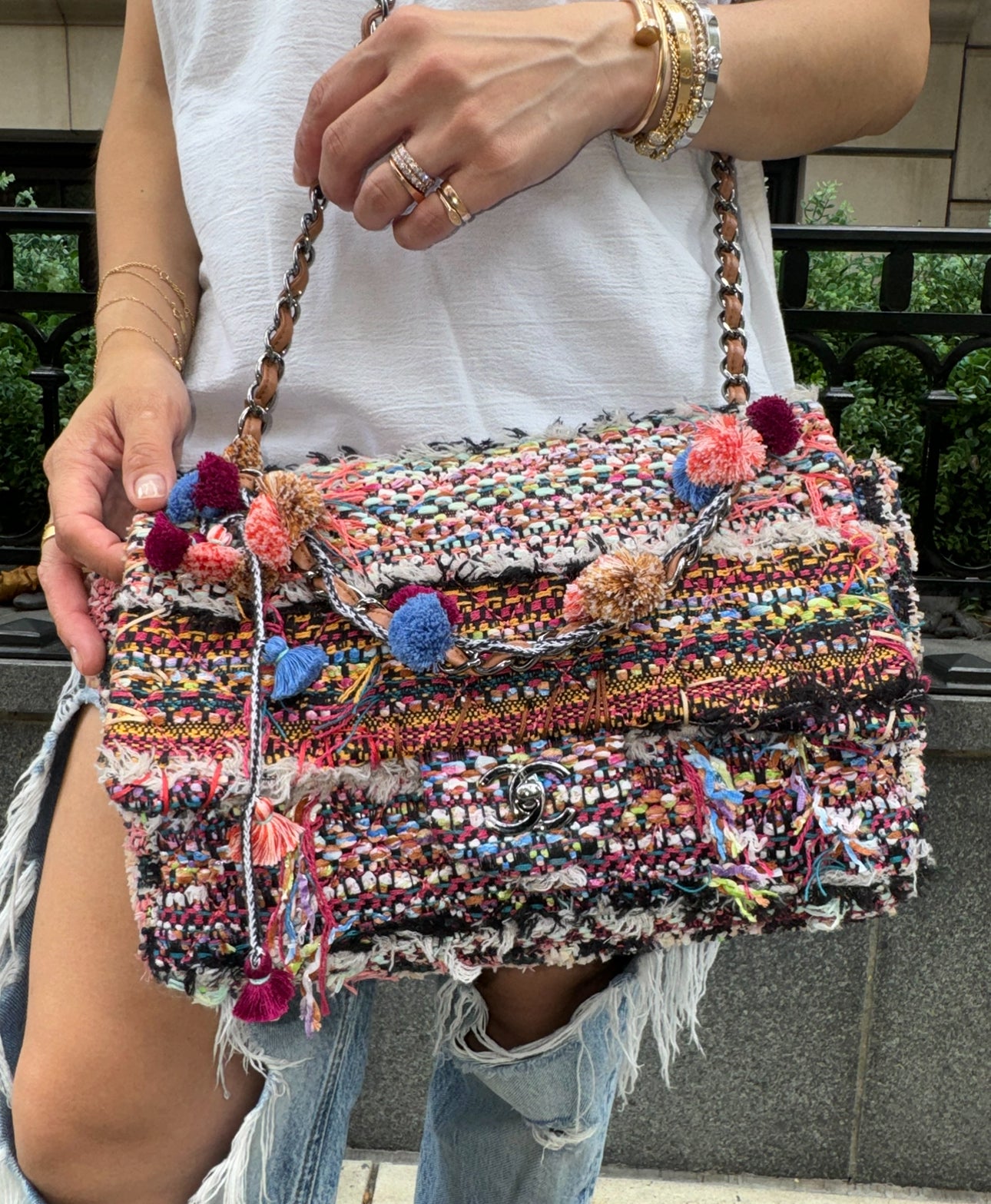 Chanel Multicolor Colorful Quilted Tweed Paris-Dubai Pom-Pom Embellished Large Flapbag with Ruthenium Hardware