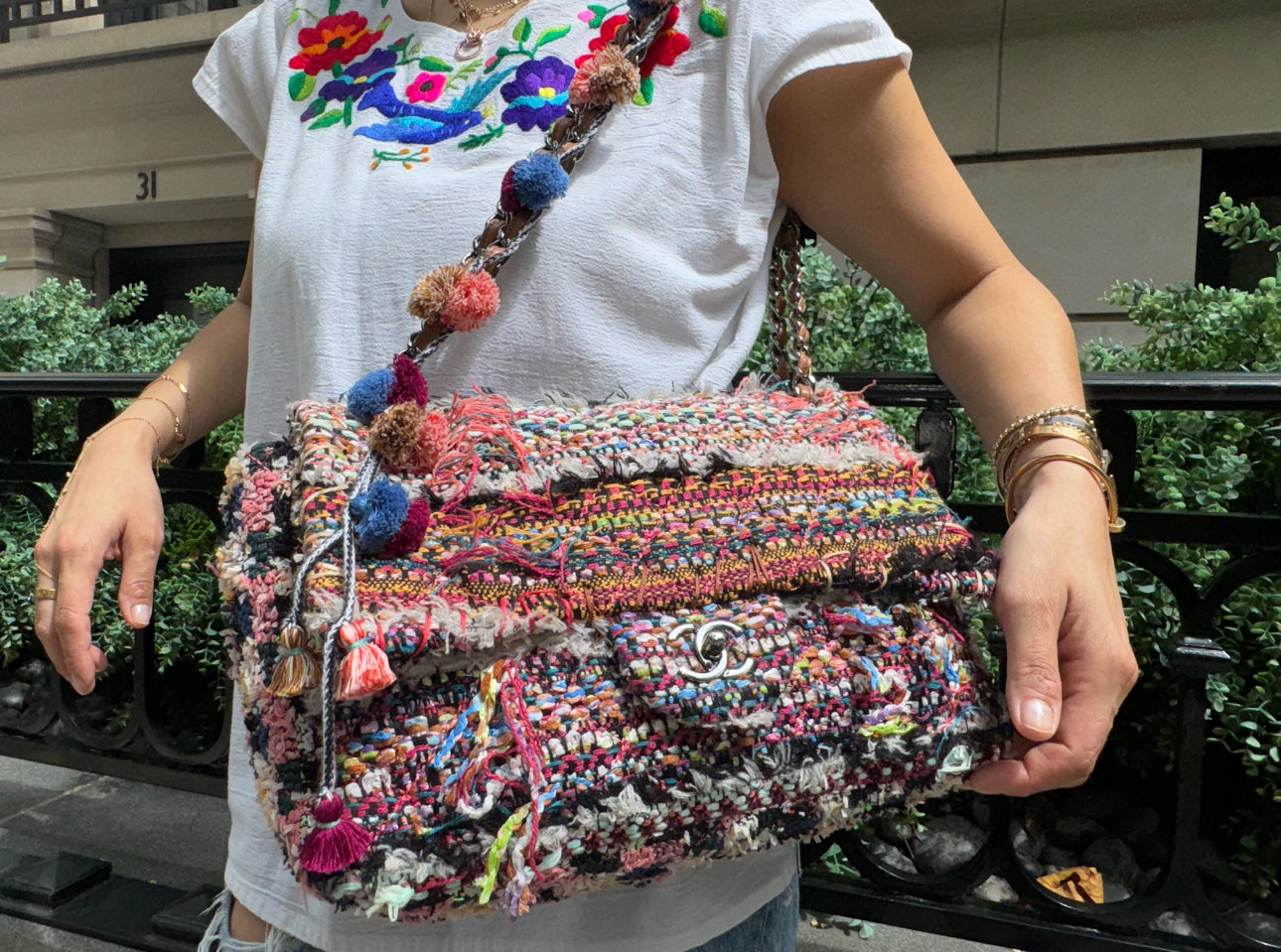 Chanel Multicolor Colorful Quilted Tweed Paris-Dubai Pom-Pom Embellished Large Flapbag with Ruthenium Hardware