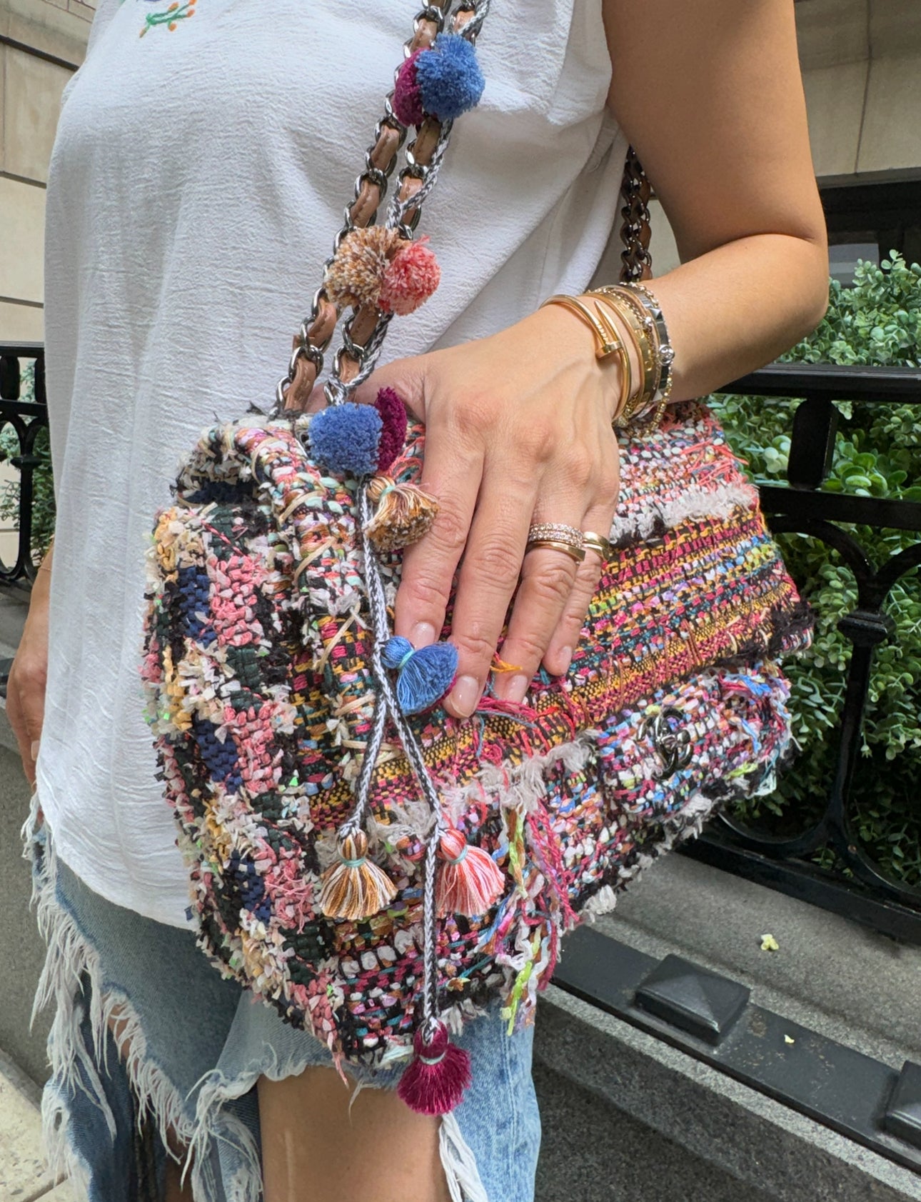 Chanel Multicolor Colorful Quilted Tweed Paris-Dubai Pom-Pom Embellished Large Flapbag with Ruthenium Hardware