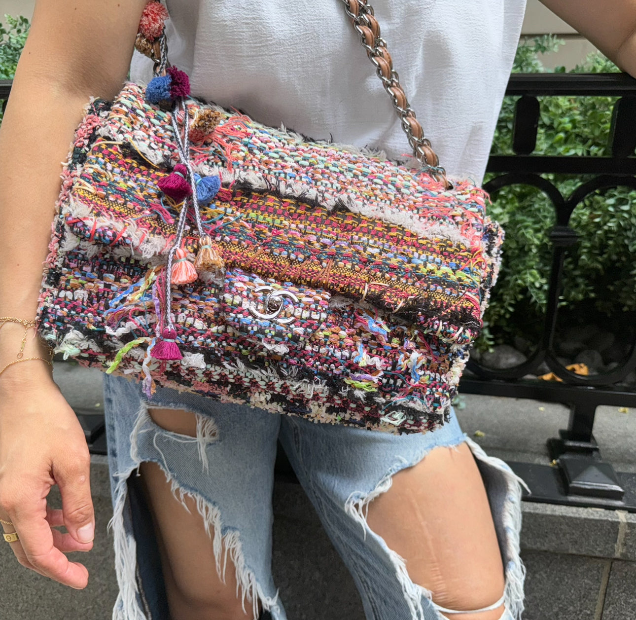 Chanel Multicolor Colorful Quilted Tweed Paris-Dubai Pom-Pom Embellished Large Flapbag with Ruthenium Hardware