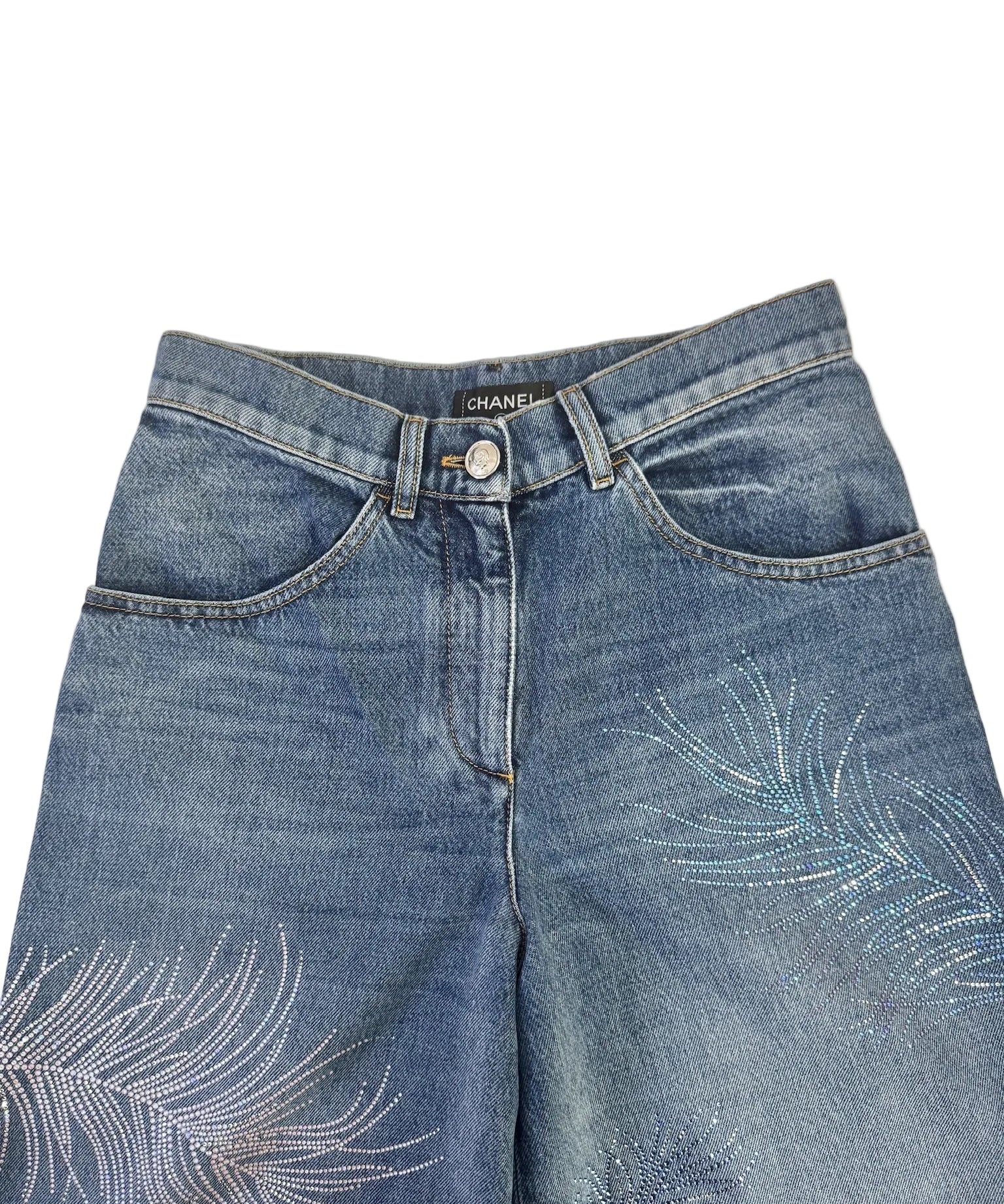 Chanel Blue Wide Leg Jeans Crystal Feather