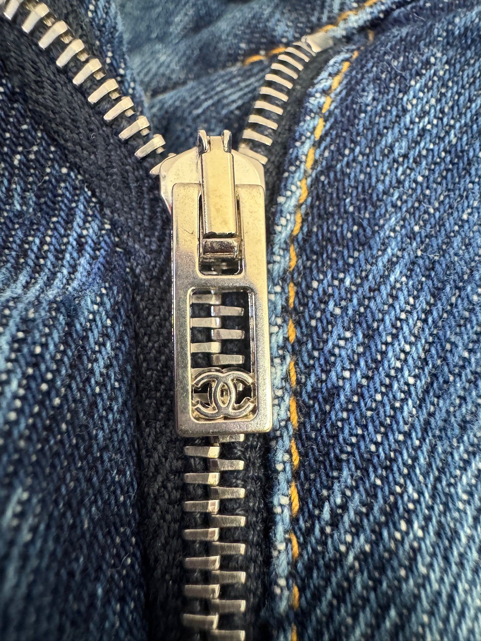 Chanel Blue Wide Leg Jeans Crystal Feather