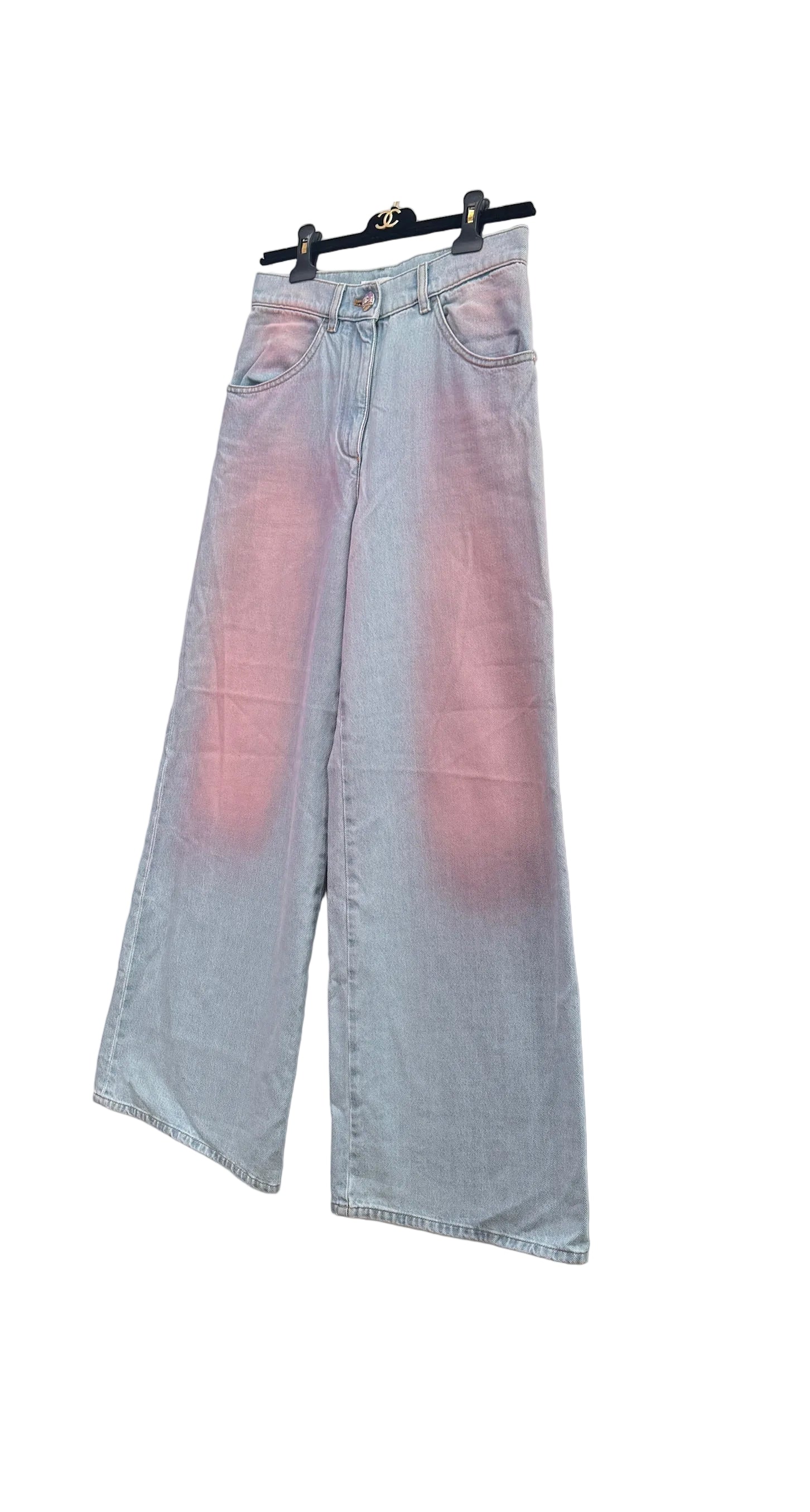 Chanel Blue Denim Pink Tie Dye Wide Leg Jeans