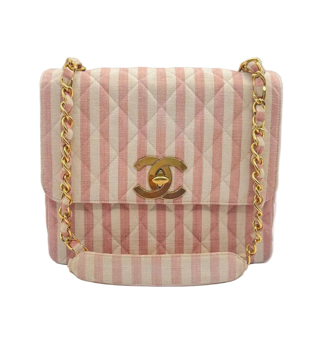 CHANEL 1990s Vintage Pink and White Stripe Flapbag