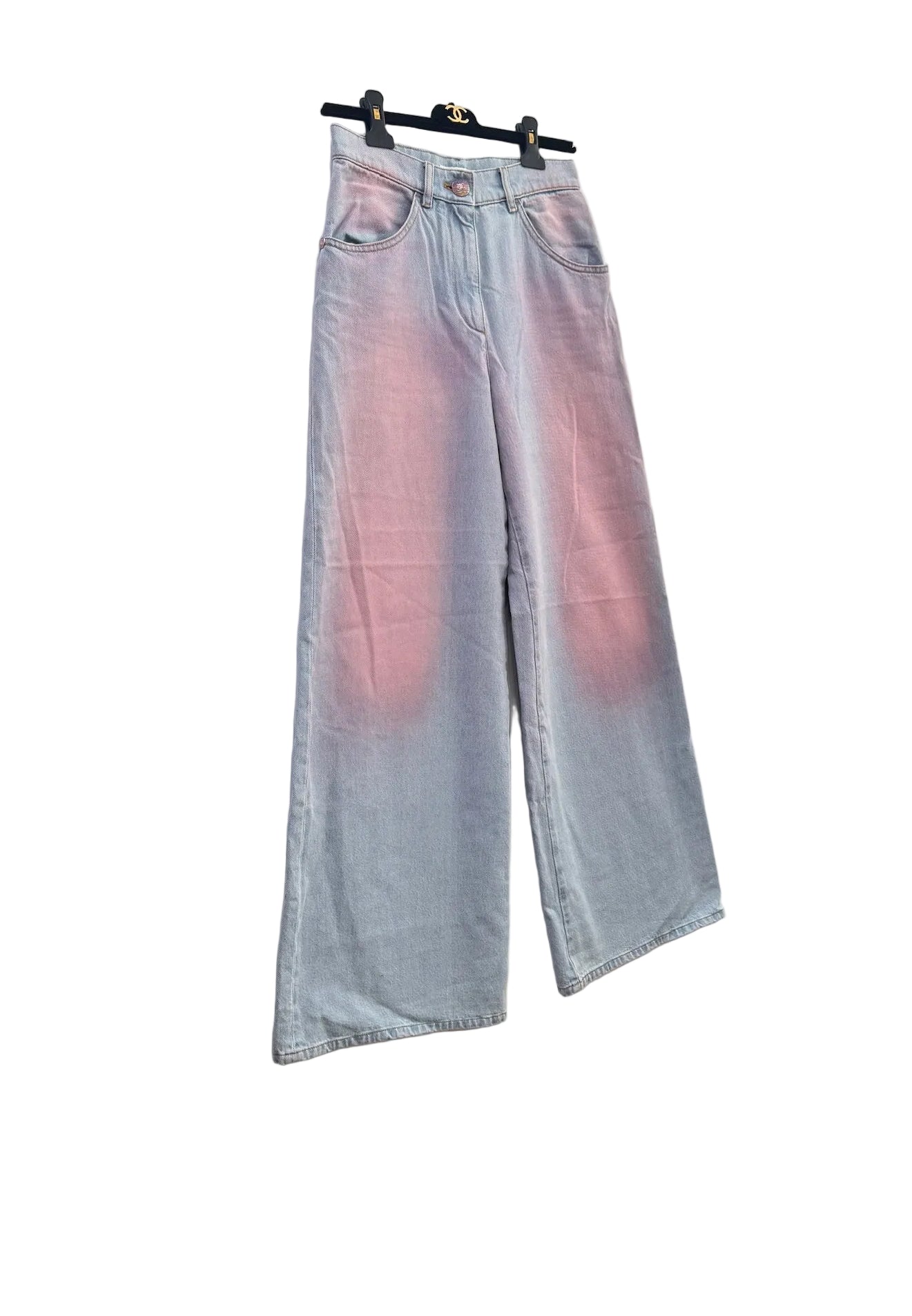 Chanel Blue Denim Pink Tie Dye Wide Leg Jeans