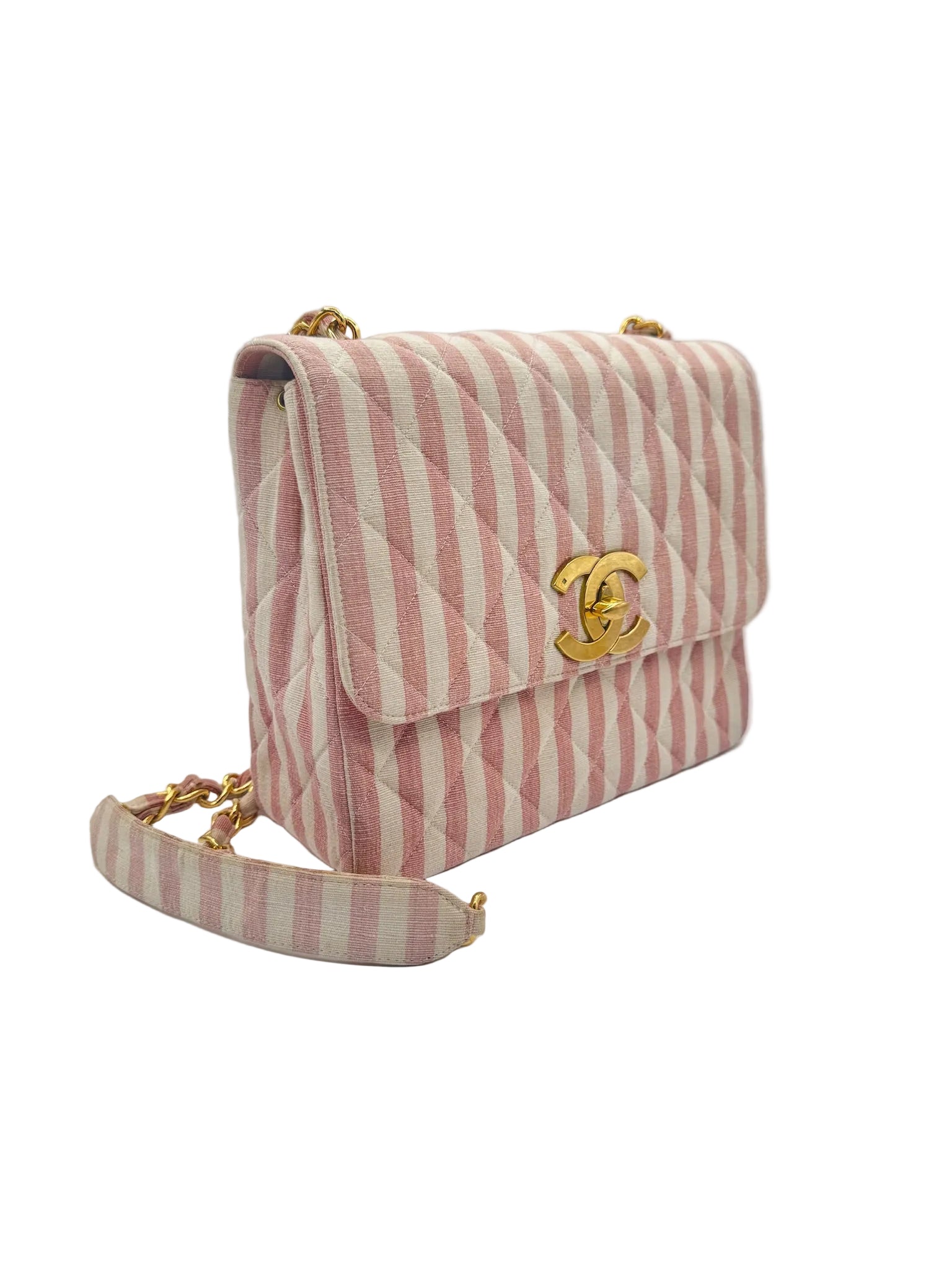 CHANEL 1990s Vintage Pink and White Stripe Flapbag
