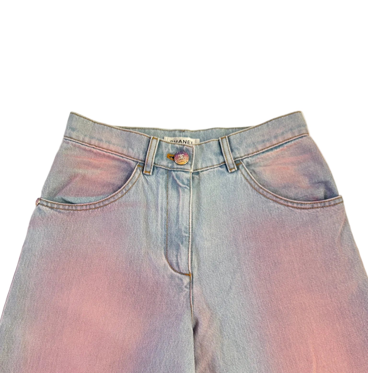 Chanel Blue Denim Pink Tie Dye Wide Leg Jeans