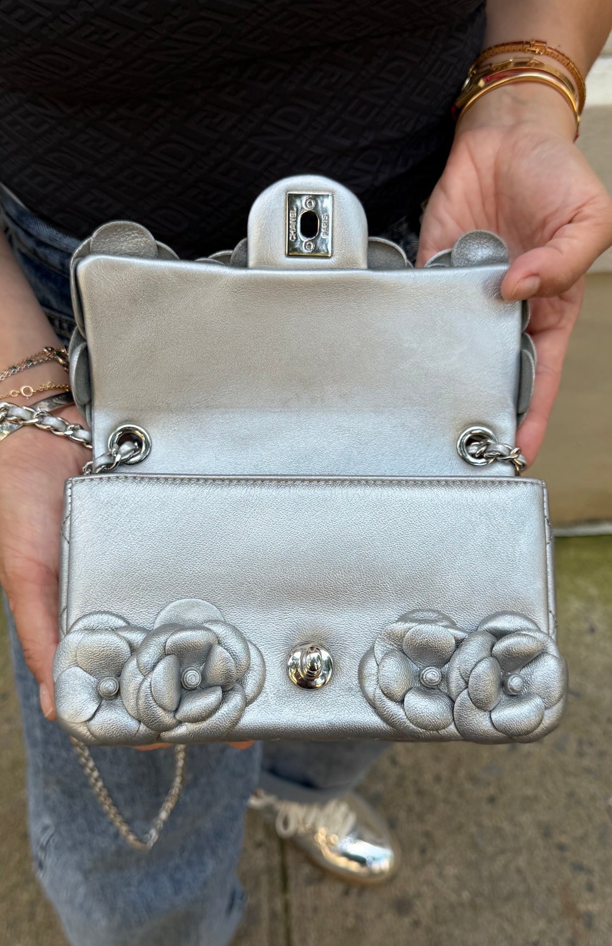 Chanel Silver Camellia Mini Flapbag