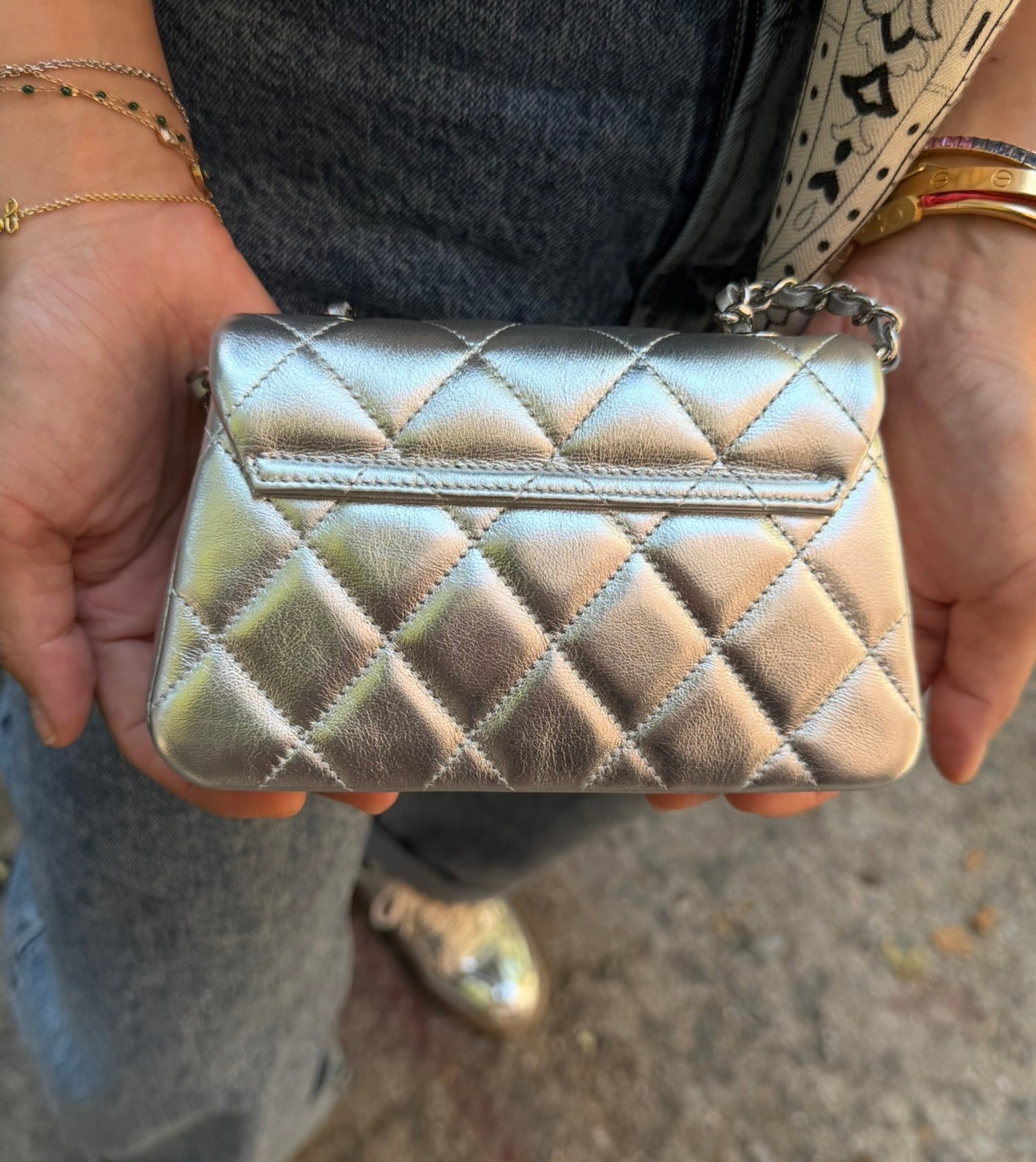 CHANEL Silver Metallic Micro Flapbag