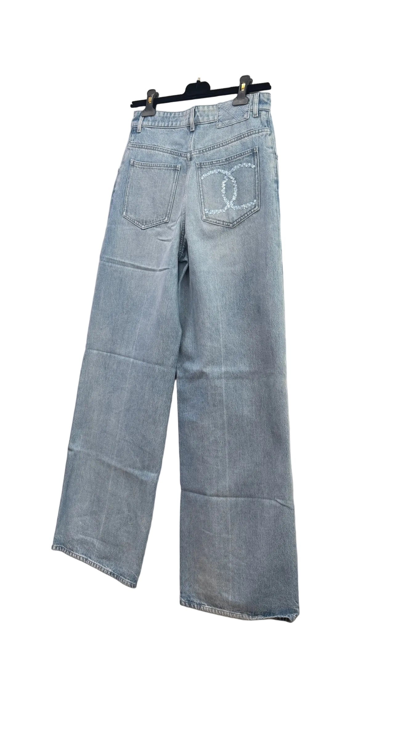 CHANEL Light Blue Wide Leg Jeans Light Blue CC Sequins