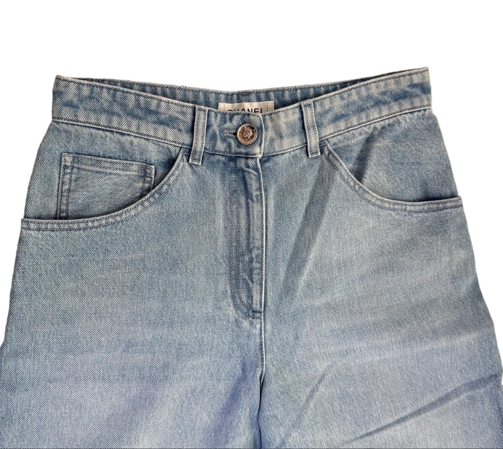 CHANEL Light Blue Wide Leg Jeans Light Blue CC Sequins