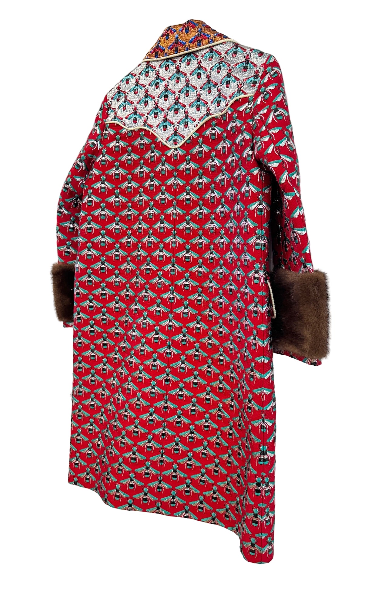 GUCCI Metallic Multicolor Coat with Bees and Mink on Cuffs