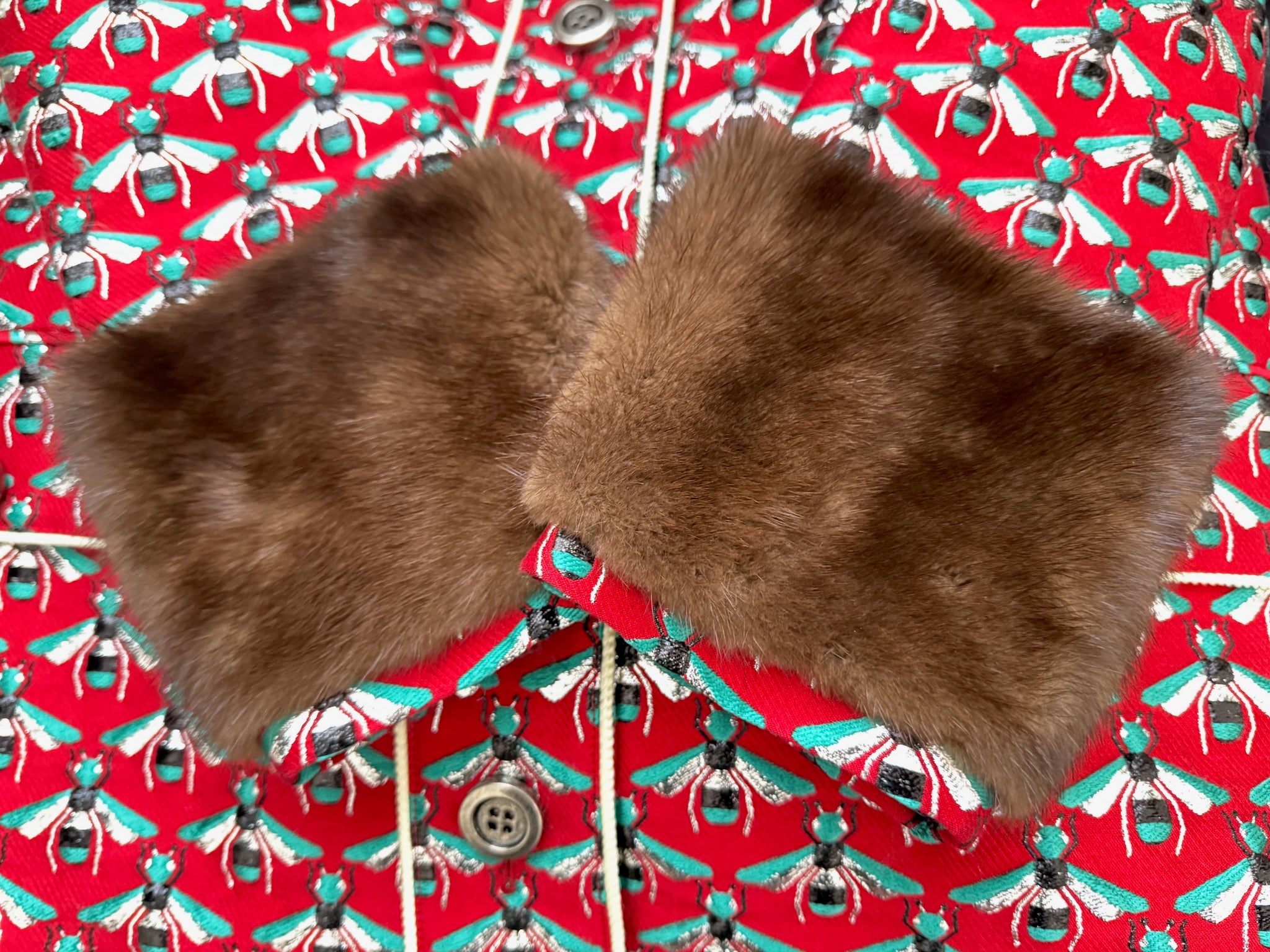 GUCCI Metallic Multicolor Coat with Bees and Mink on Cuffs