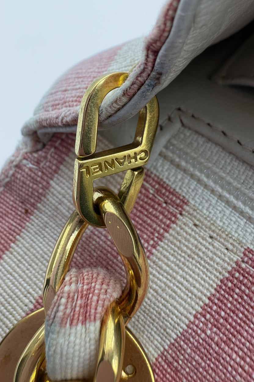 CHANEL 1990s Vintage Pink and White Stripe Flapbag