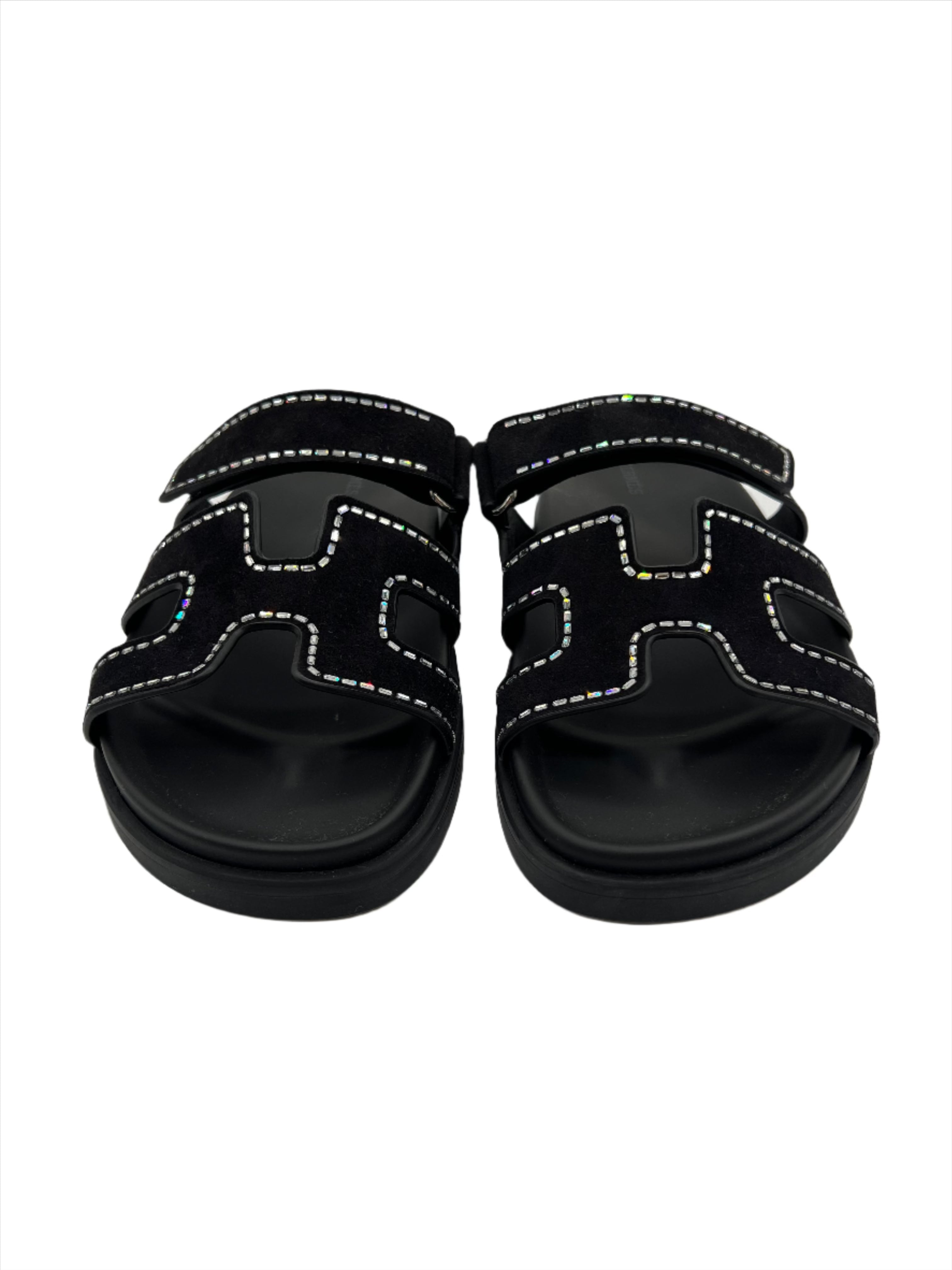 Hermes Black Chypre Sandals with Crystals
