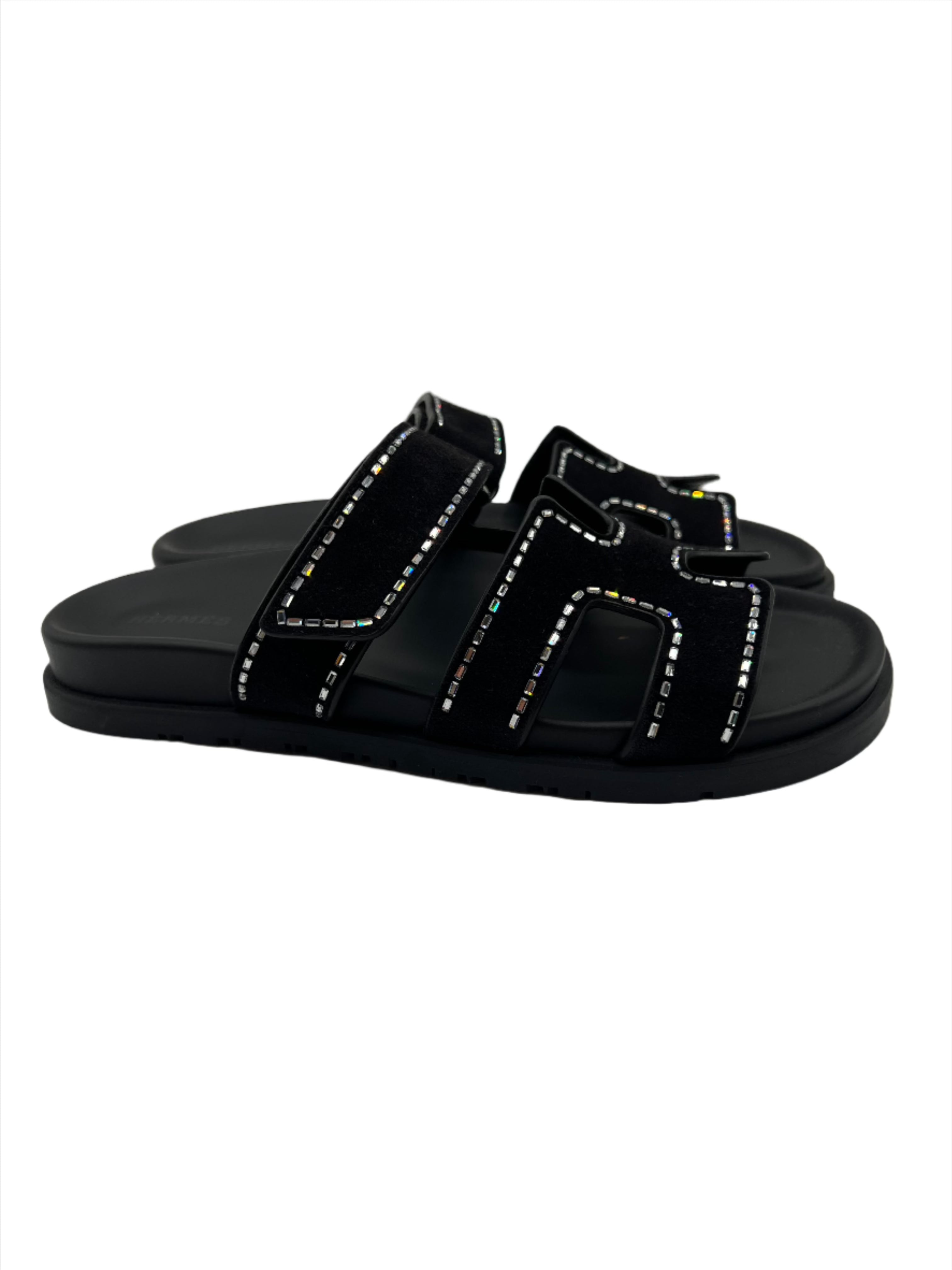 Hermes Black Chypre Sandals with Crystals