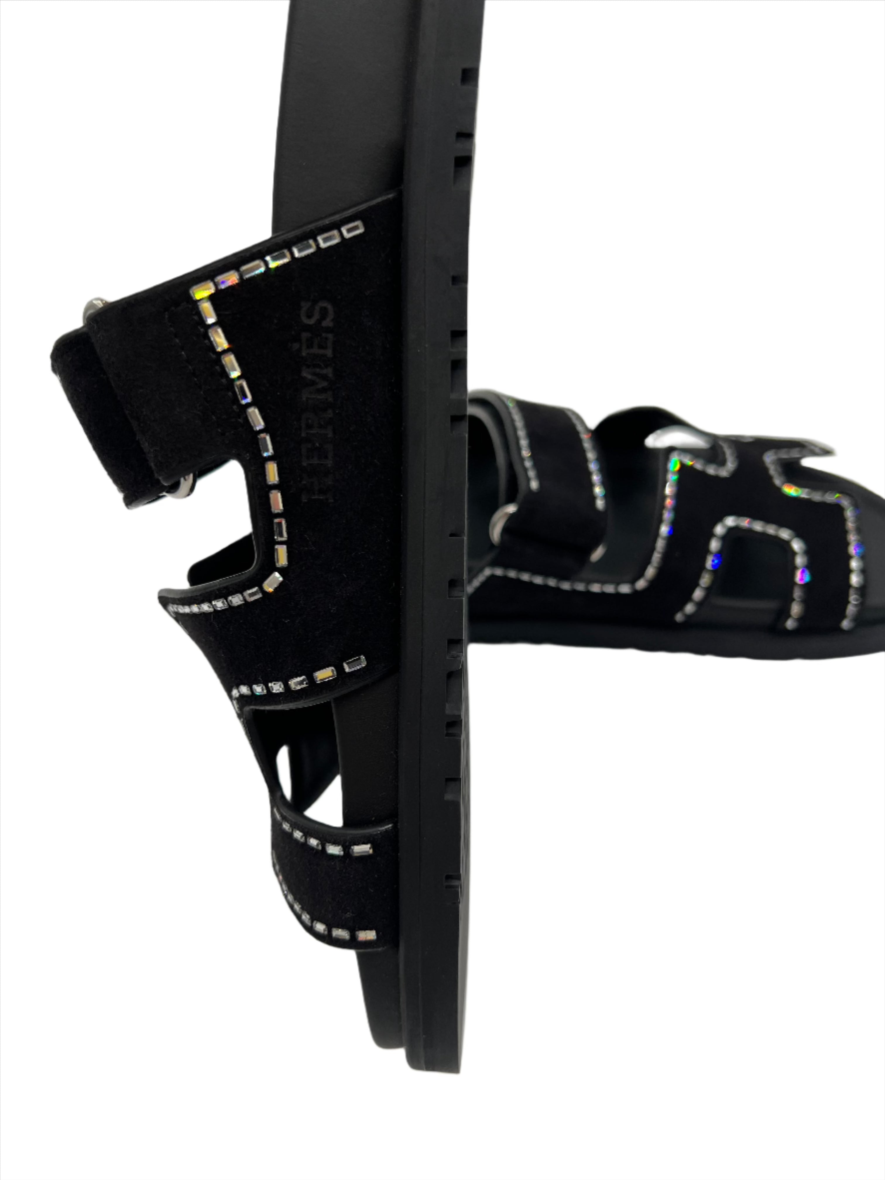 Hermes Black Chypre Sandals with Crystals