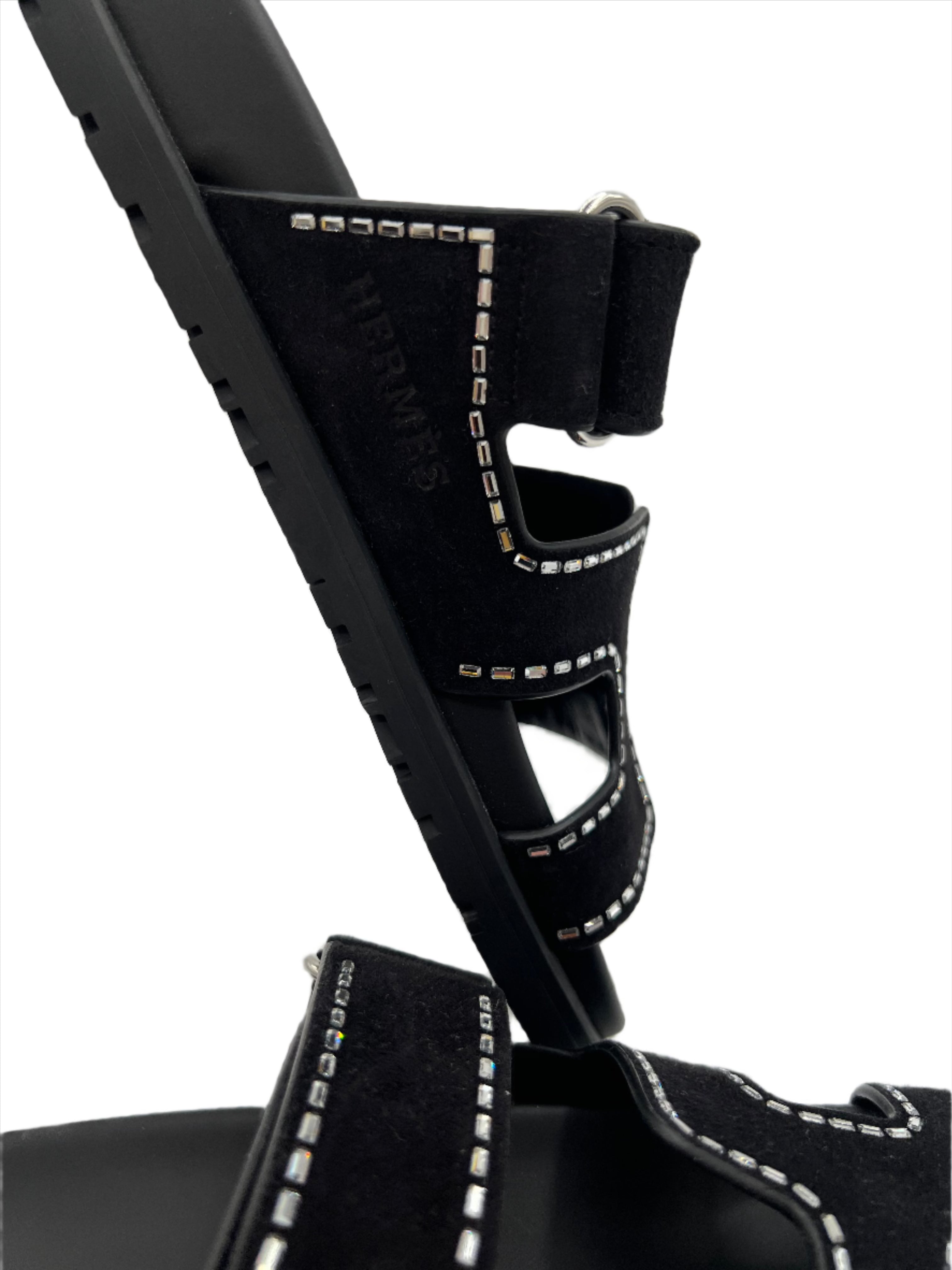 Hermes Black Chypre Sandals with Crystals