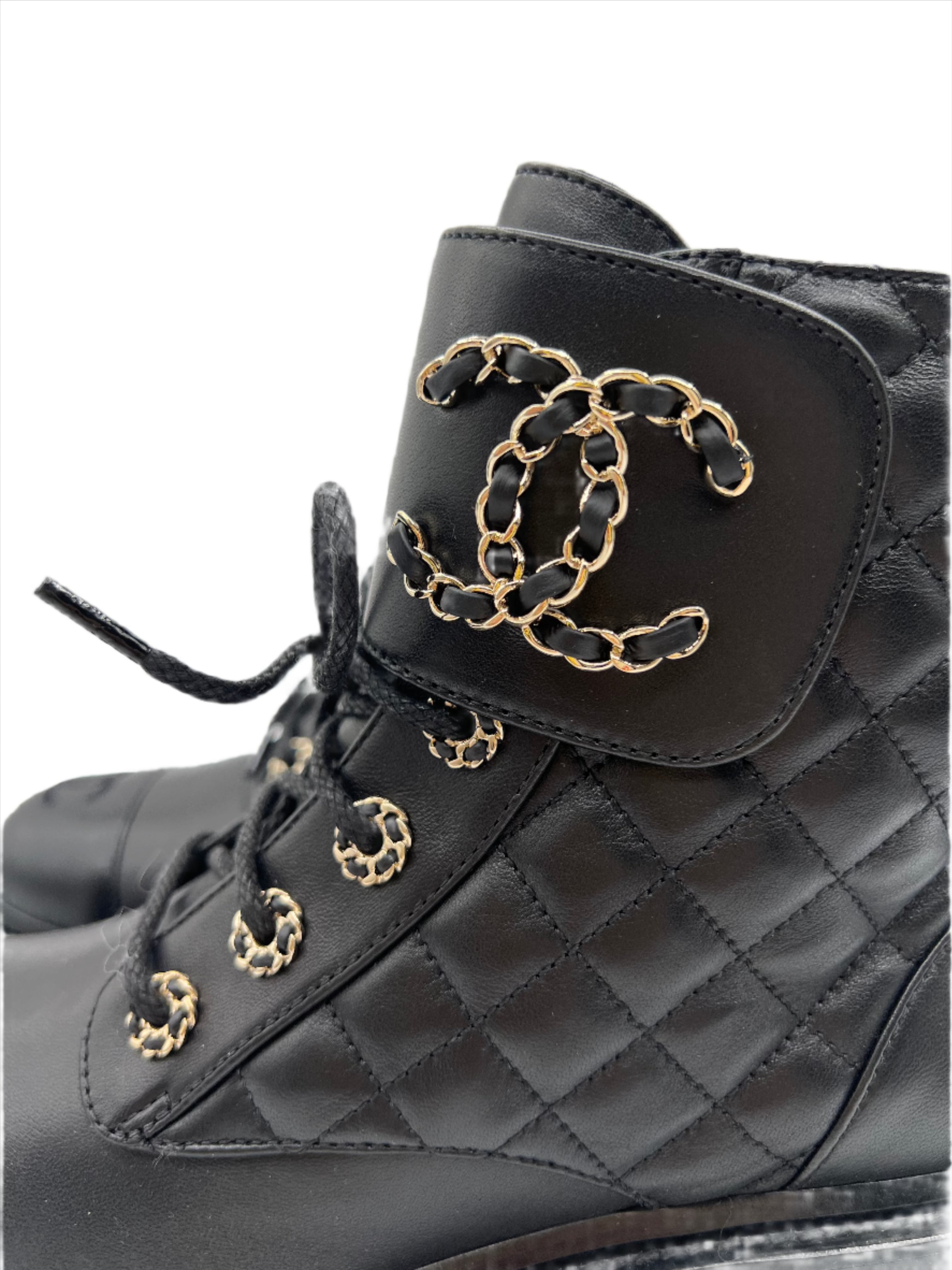 Chanel Quilted Black Leather Combat Boots