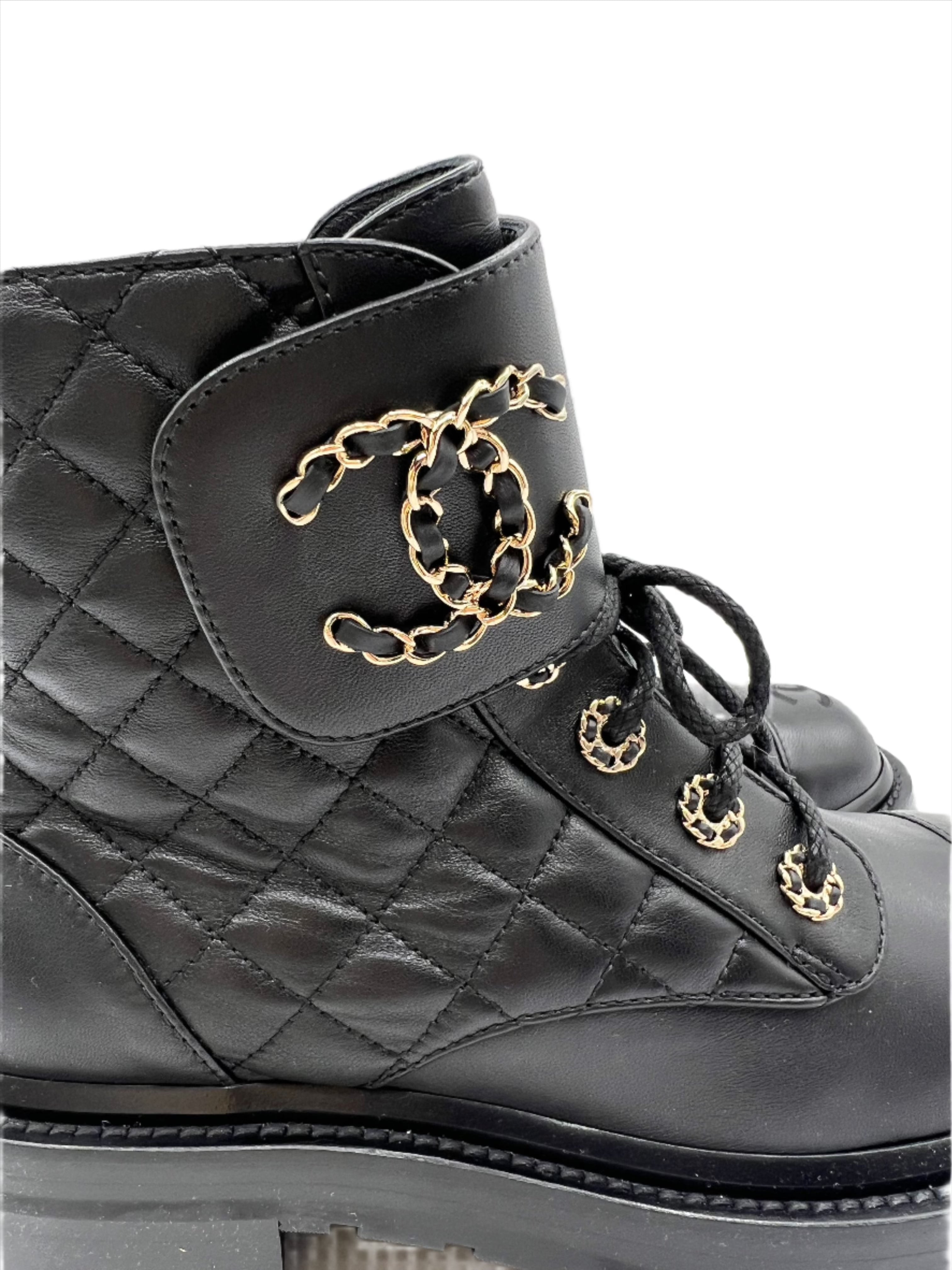 Chanel Quilted Black Leather Combat Boots